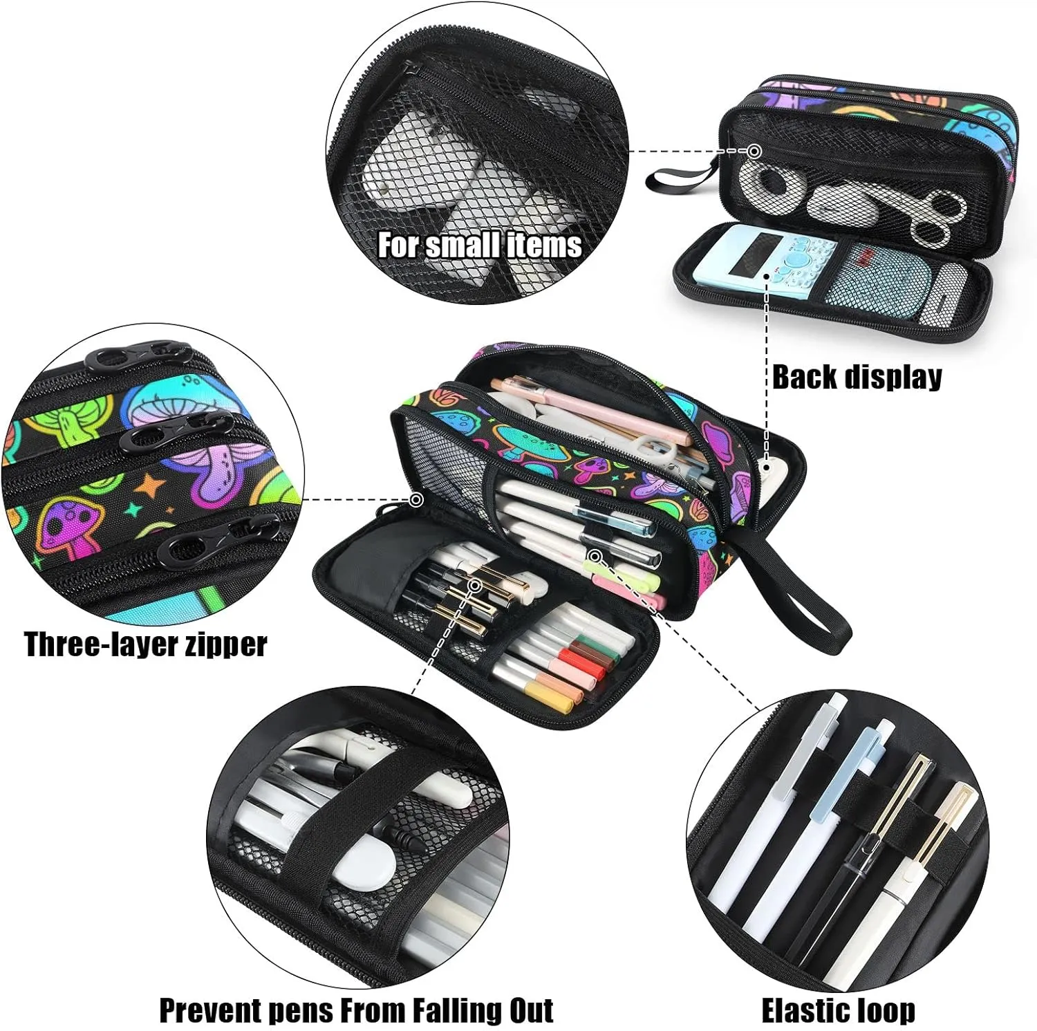 Fustylead Bright Psychedelic Colors Mushrooms Pen Pencil Case with Zipper Makeup Pouch Cosmetics Bag Multi-Purpose Travel Bag Office Organizer Box for Boys Girls Teen