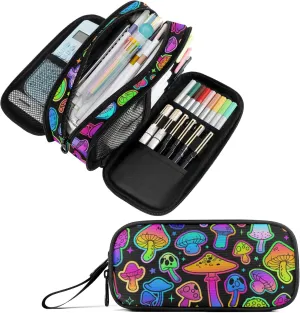 Fustylead Bright Psychedelic Colors Mushrooms Pen Pencil Case with Zipper Makeup Pouch Cosmetics Bag Multi-Purpose Travel Bag Office Organizer Box for Boys Girls Teen
