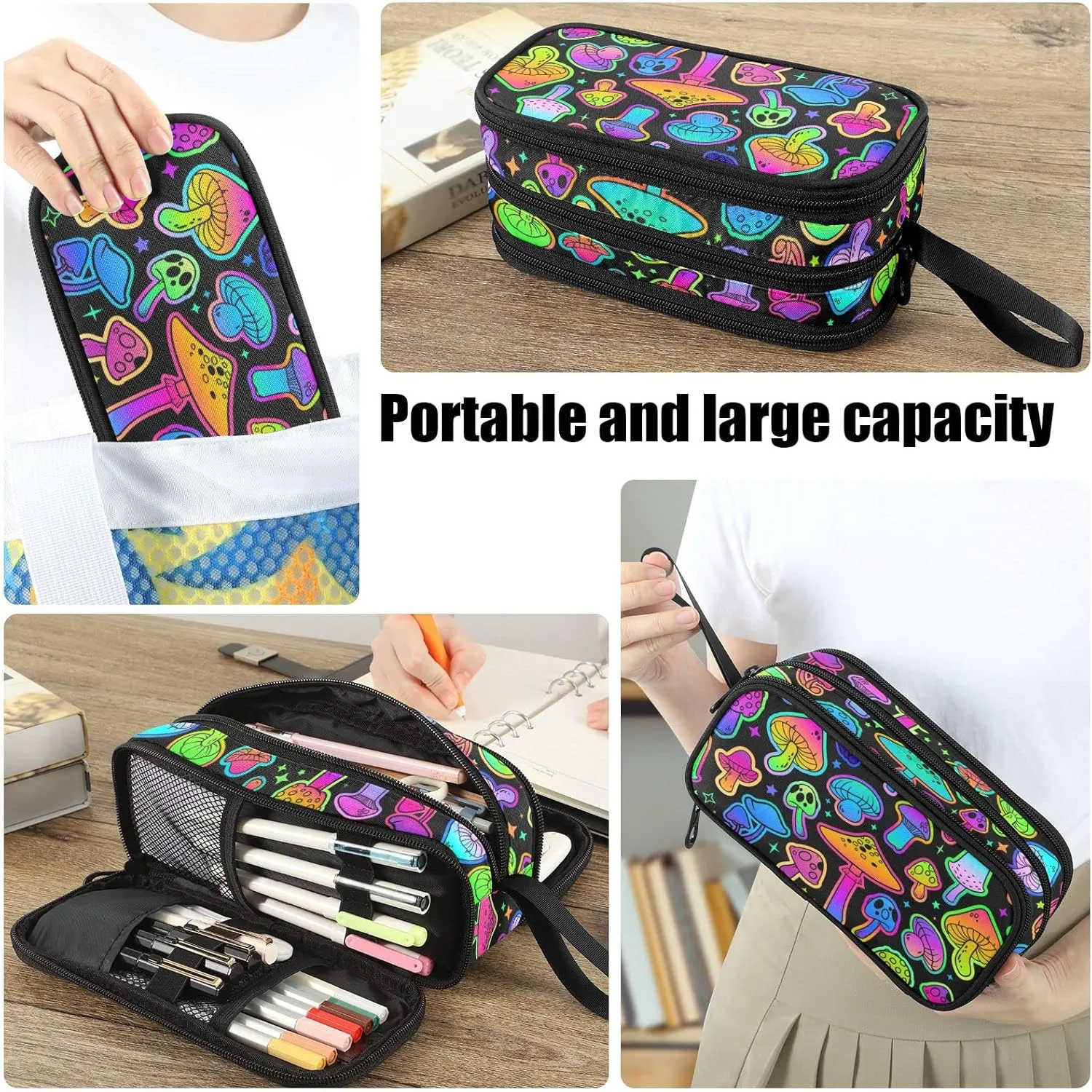 Fustylead Bright Psychedelic Colors Mushrooms Pen Pencil Case with Zipper Makeup Pouch Cosmetics Bag Multi-Purpose Travel Bag Office Organizer Box for Boys Girls Teen