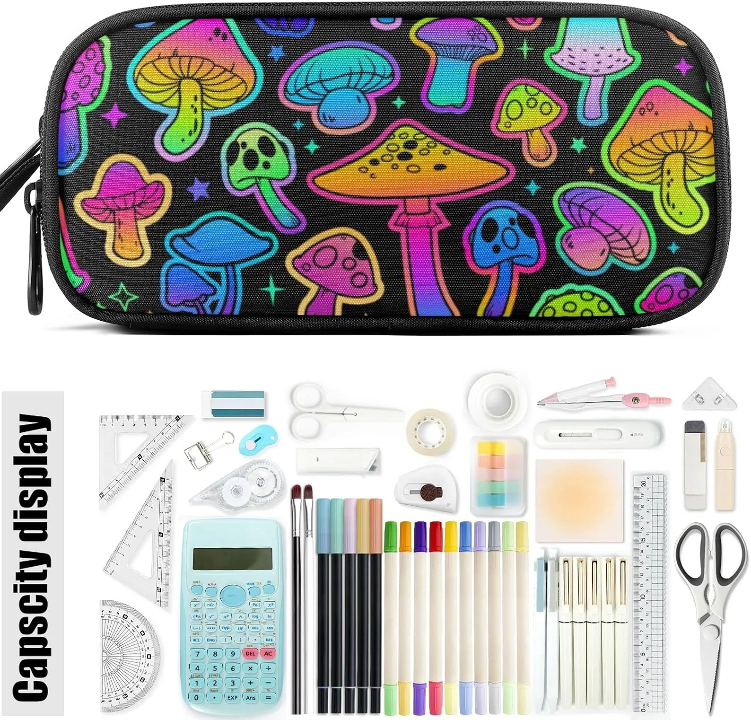 Fustylead Bright Psychedelic Colors Mushrooms Pen Pencil Case with Zipper Makeup Pouch Cosmetics Bag Multi-Purpose Travel Bag Office Organizer Box for Boys Girls Teen