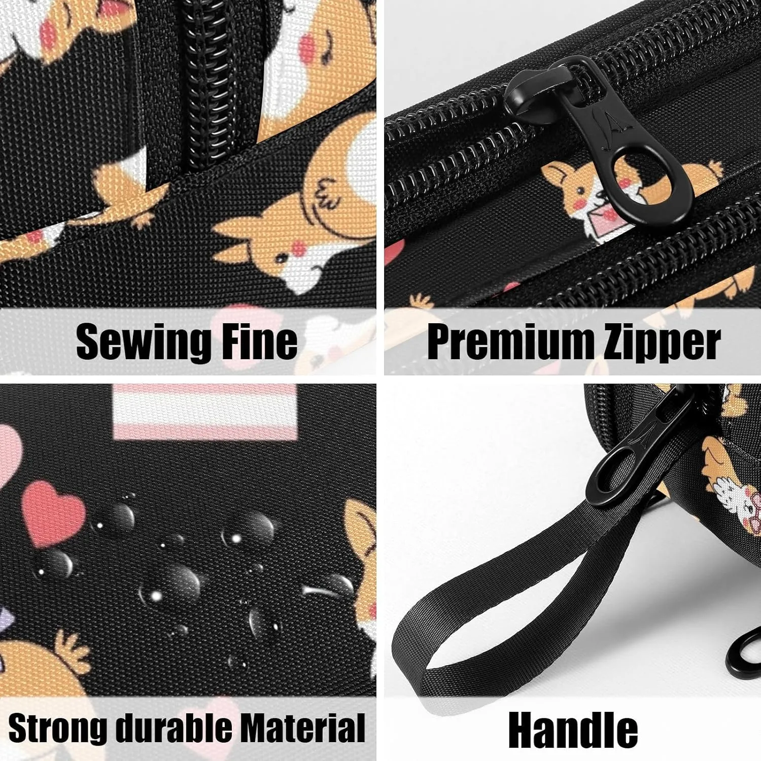 Fustylead Cute Corgi with Hearts Gift Pen Pencil Case Makeup Pouch Big Capacity Multi-Purpose Travel Bag Office Organizer with Zipper