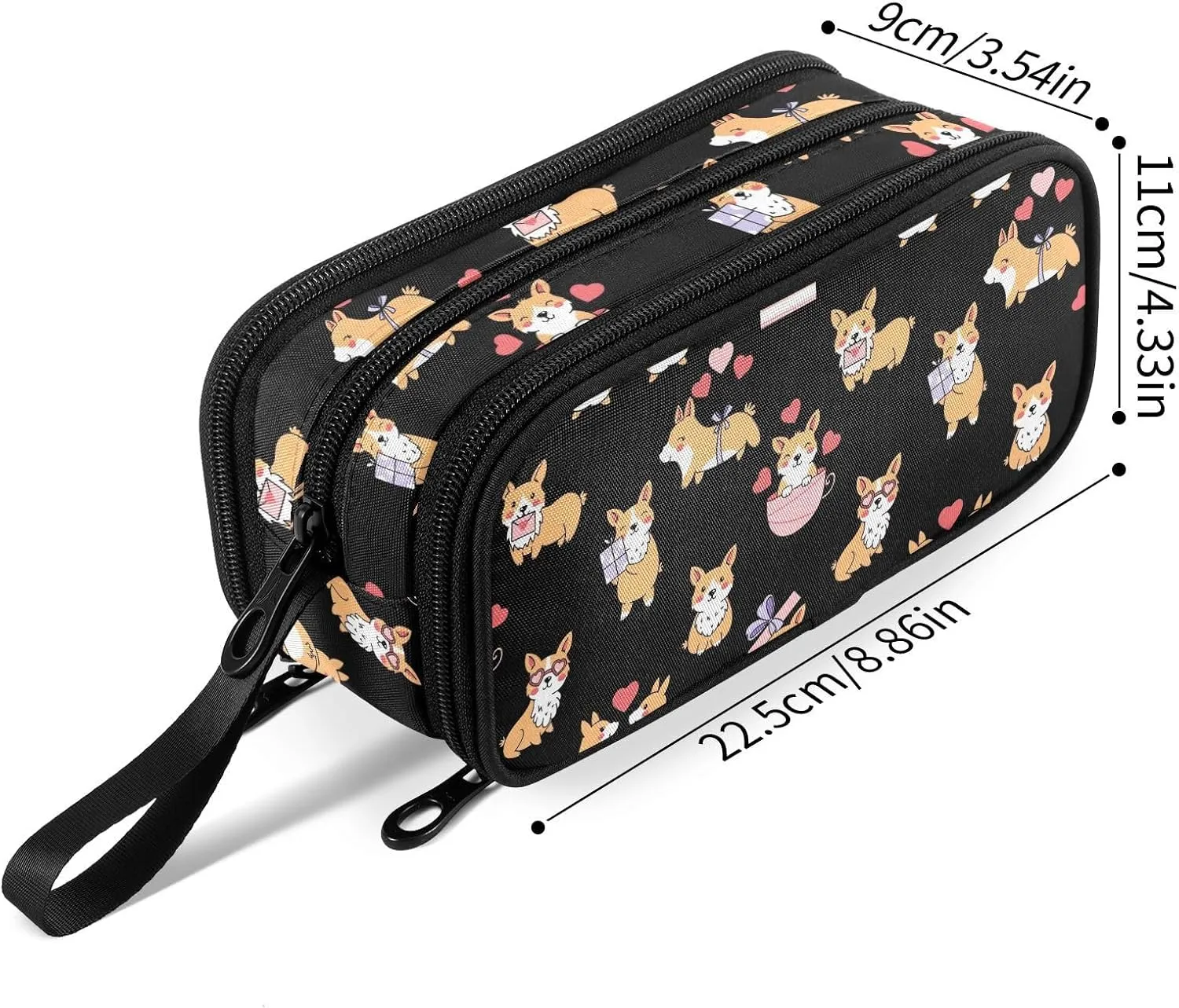 Fustylead Cute Corgi with Hearts Gift Pen Pencil Case Makeup Pouch Big Capacity Multi-Purpose Travel Bag Office Organizer with Zipper