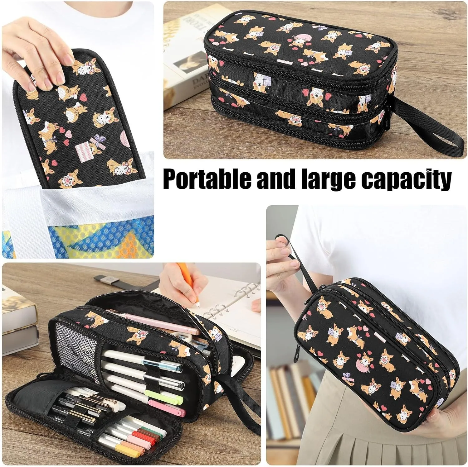 Fustylead Cute Corgi with Hearts Gift Pen Pencil Case Makeup Pouch Big Capacity Multi-Purpose Travel Bag Office Organizer with Zipper