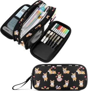 Fustylead Cute Corgi with Hearts Gift Pen Pencil Case Makeup Pouch Big Capacity Multi-Purpose Travel Bag Office Organizer with Zipper