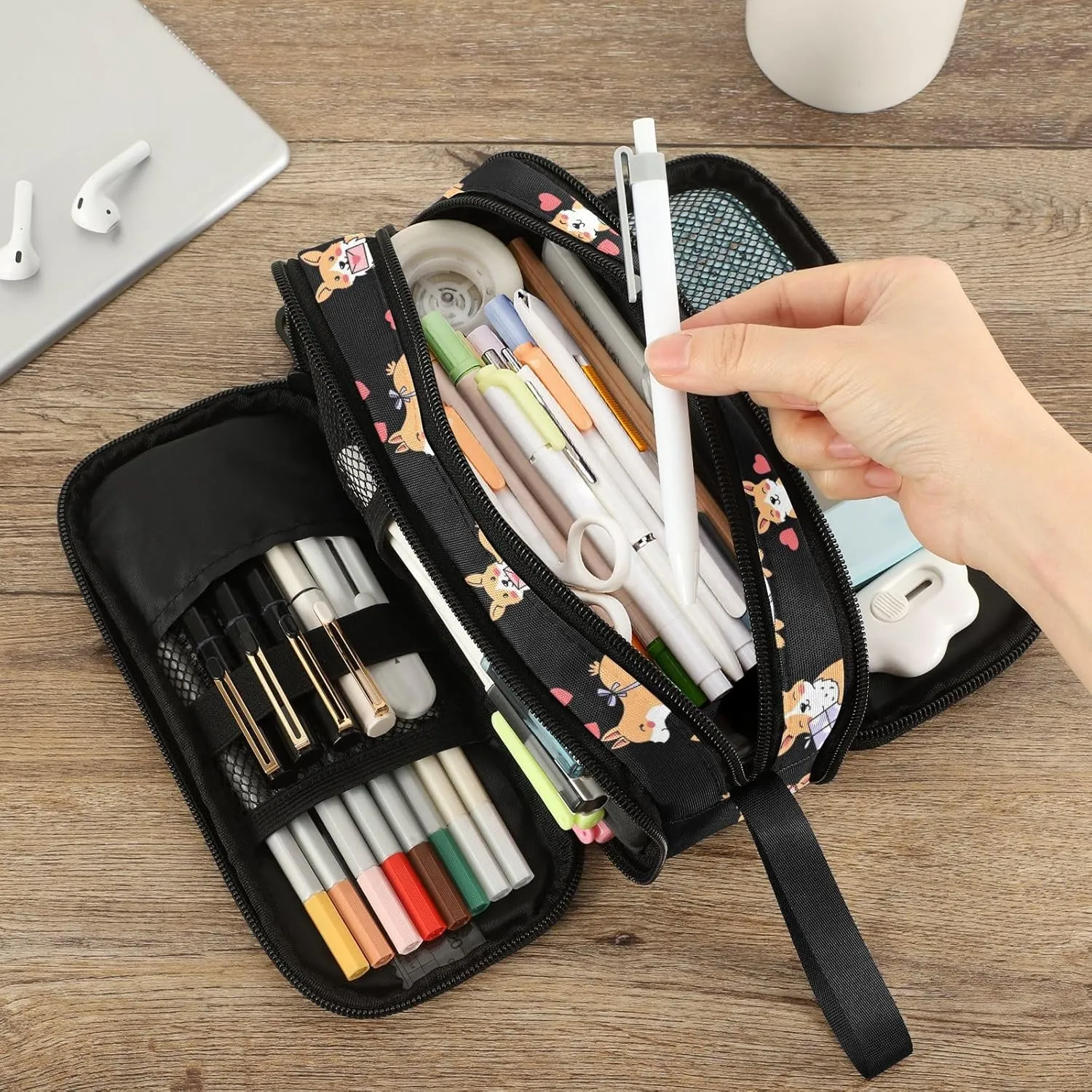 Fustylead Cute Corgi with Hearts Gift Pen Pencil Case Makeup Pouch Big Capacity Multi-Purpose Travel Bag Office Organizer with Zipper