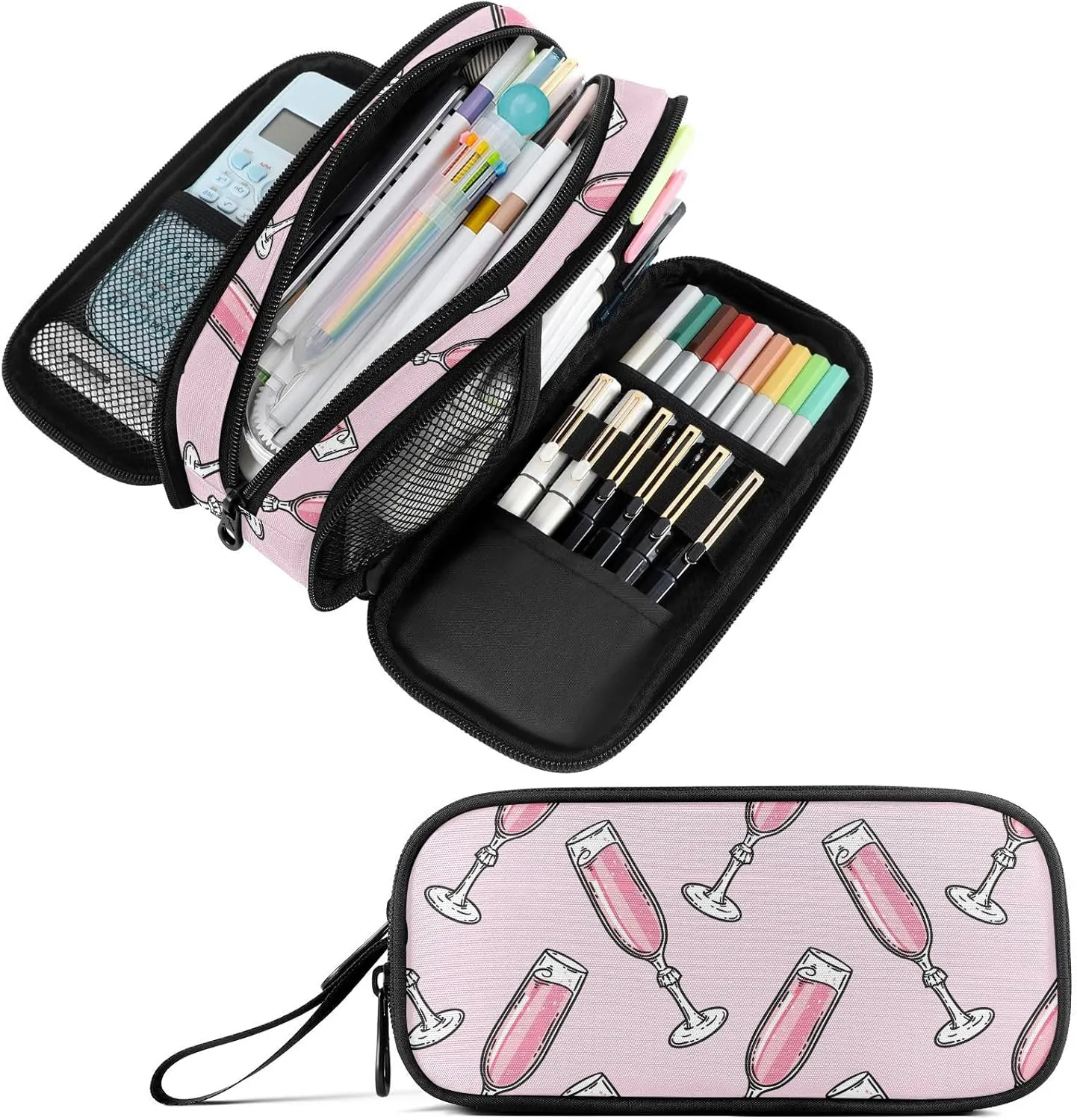 Fustylead Flute Pink Champagne Glass Pen Pencil Case Makeup Pouch Big Capacity Multi-Purpose Travel Bag Office Organizer with Zipper