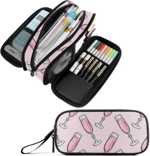 Fustylead Flute Pink Champagne Glass Pen Pencil Case Makeup Pouch Big Capacity Multi-Purpose Travel Bag Office Organizer with Zipper