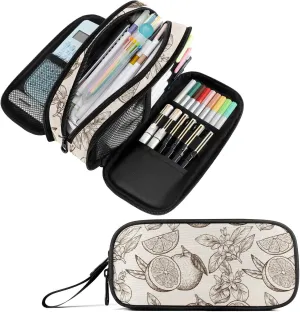 Fustylead Oranges and Flowers Nylon Pencil Bag Large Storage Pouch Pen Case Makeup Bag Simple Stationery Bag School College Office Organizer for Teens Boys Girls Student
