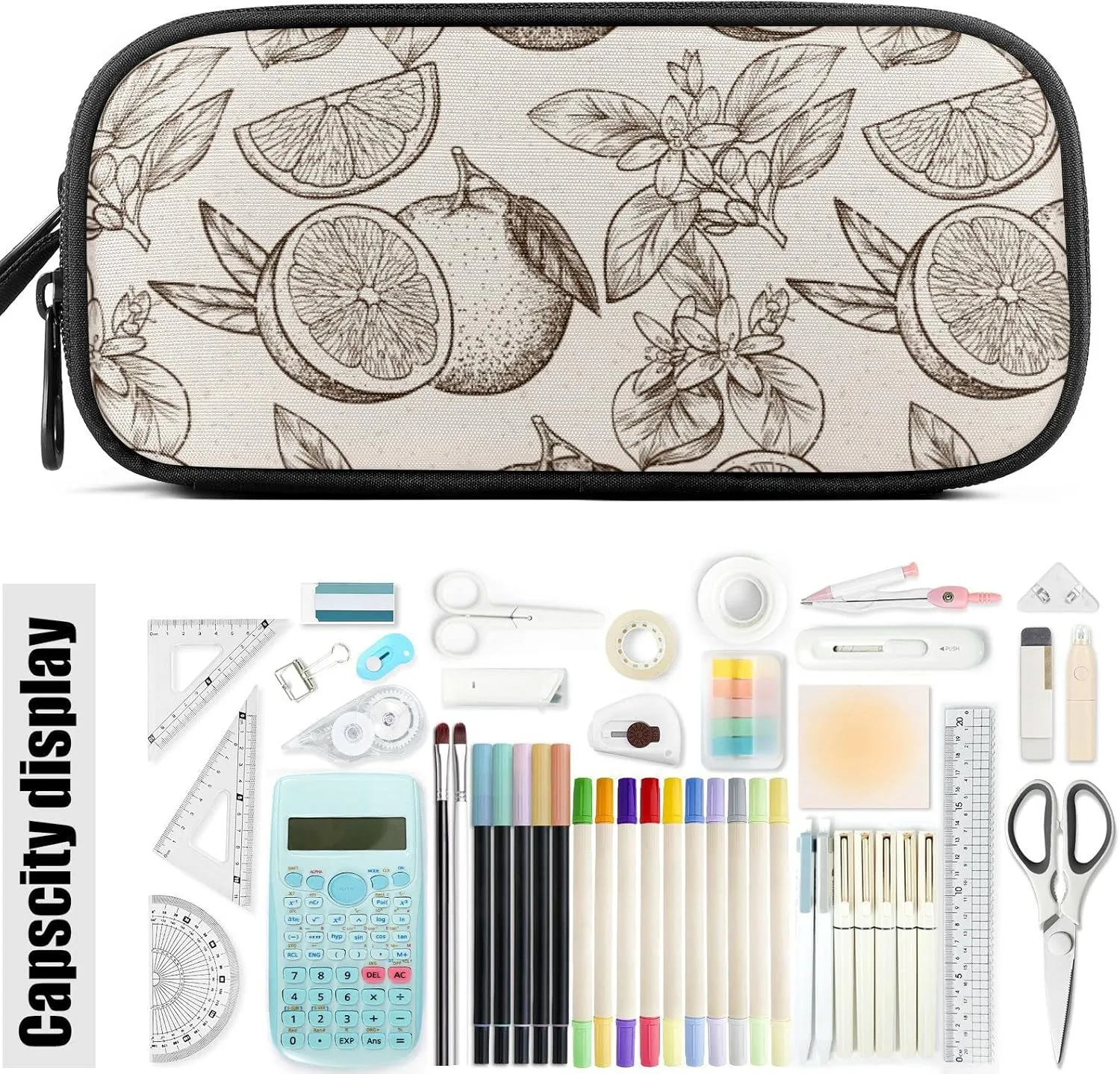 Fustylead Oranges and Flowers Nylon Pencil Bag Large Storage Pouch Pen Case Makeup Bag Simple Stationery Bag School College Office Organizer for Teens Boys Girls Student