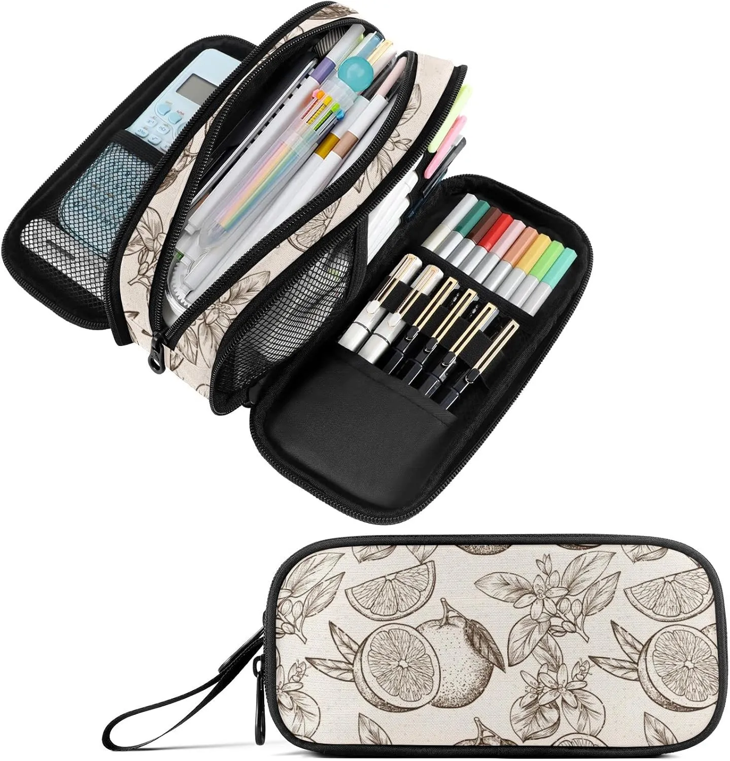 Fustylead Oranges and Flowers Nylon Pencil Bag Large Storage Pouch Pen Case Makeup Bag Simple Stationery Bag School College Office Organizer for Teens Boys Girls Student