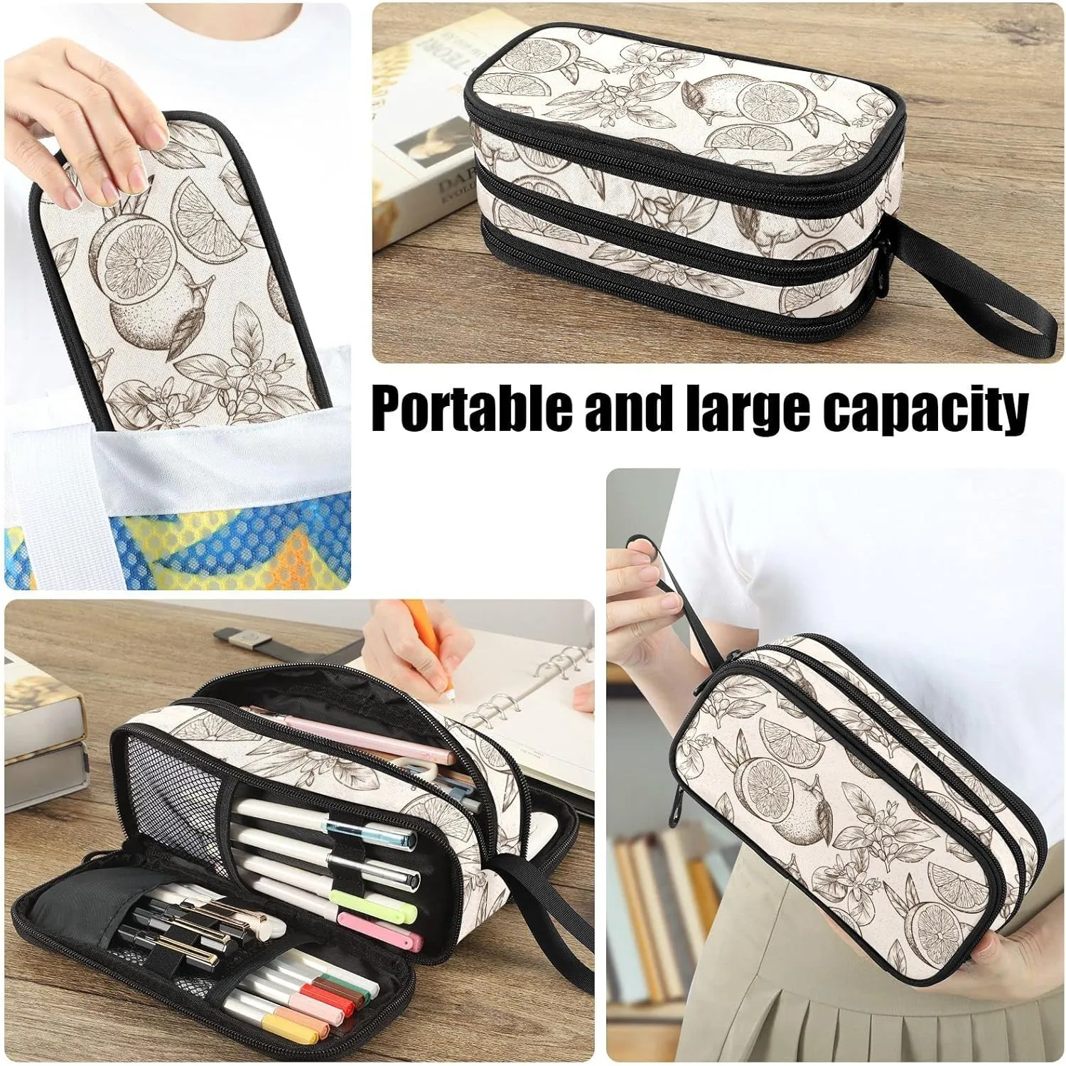 Fustylead Oranges and Flowers Nylon Pencil Bag Large Storage Pouch Pen Case Makeup Bag Simple Stationery Bag School College Office Organizer for Teens Boys Girls Student