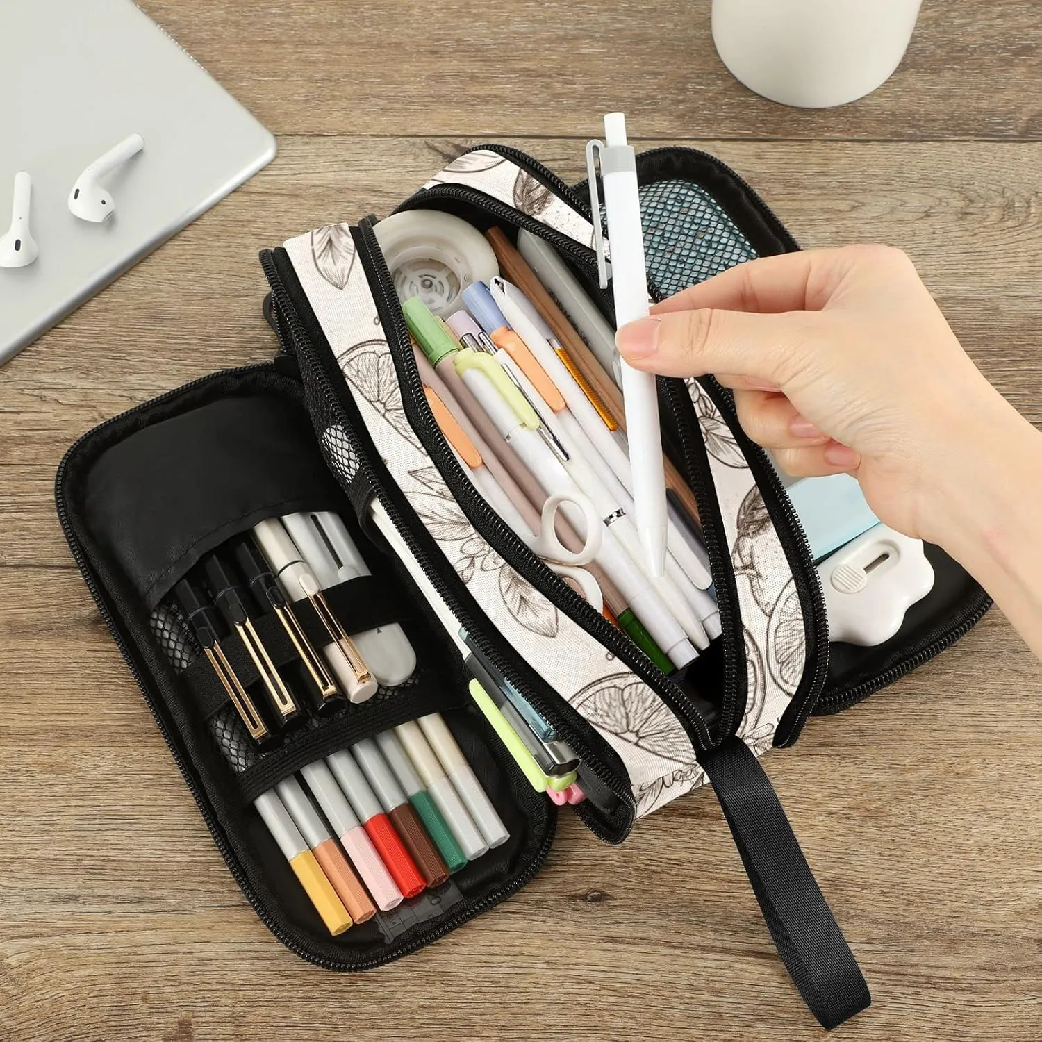 Fustylead Oranges and Flowers Nylon Pencil Bag Large Storage Pouch Pen Case Makeup Bag Simple Stationery Bag School College Office Organizer for Teens Boys Girls Student