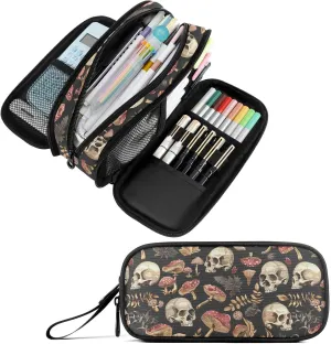 Fustylead Retro Poisonous Mushrooms Fern and Skulls Large Pencil Bag Storage Pen Case Makeup Pouch Stationery Bag for School College Office Organizer