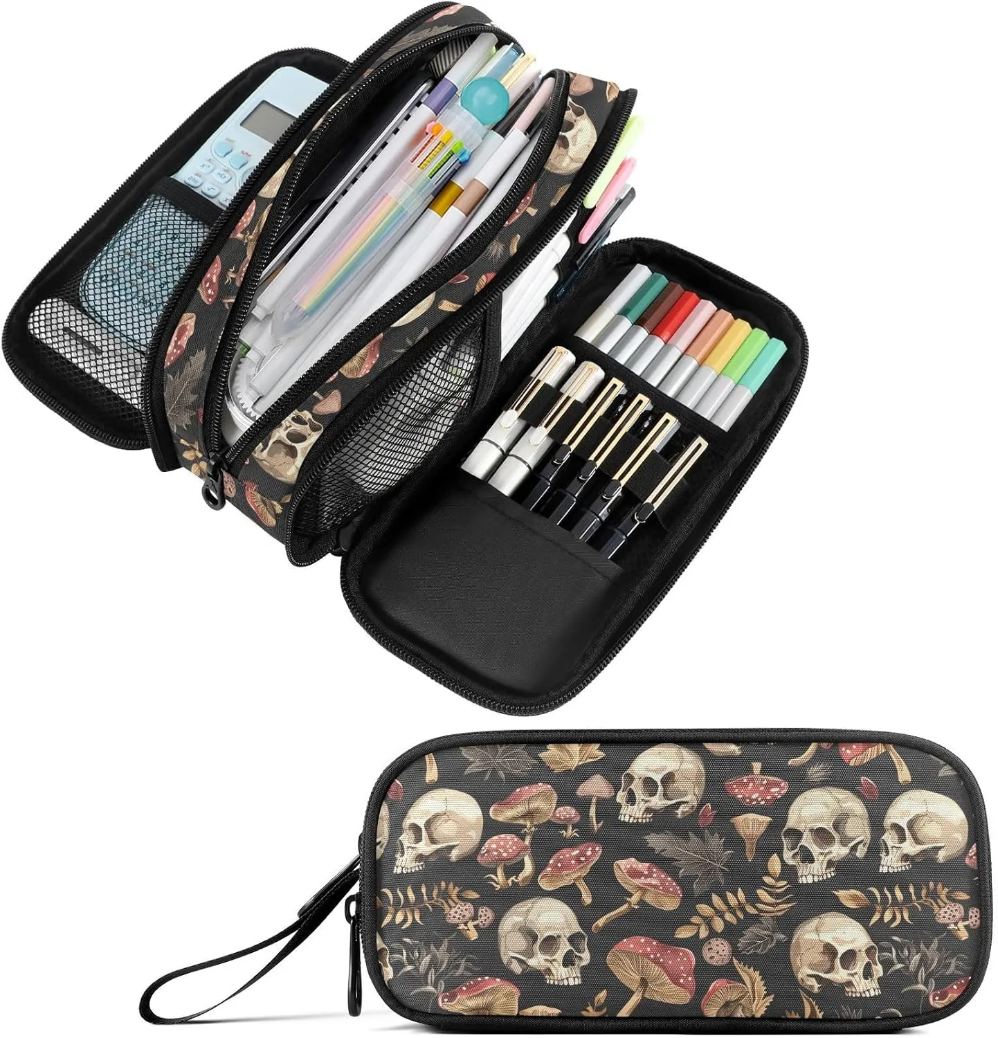 Fustylead Retro Poisonous Mushrooms Fern and Skulls Large Pencil Bag Storage Pen Case Makeup Pouch Stationery Bag for School College Office Organizer