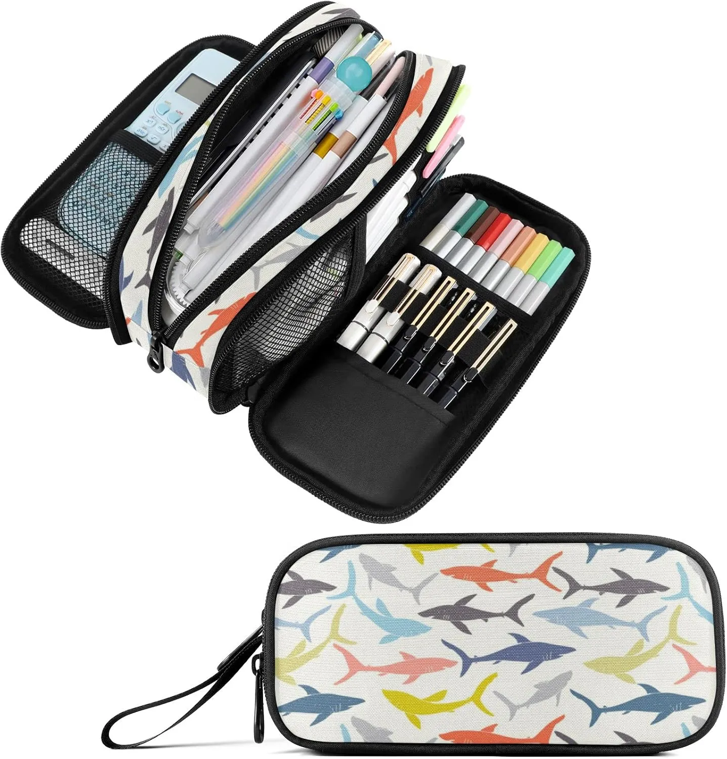 Fustylead Shark Silhouette Nylon Pencil Bag Large Storage Pouch Pen Case Makeup Bag Simple Stationery Bag School College Office Organizer for Teens Boys Girls Student