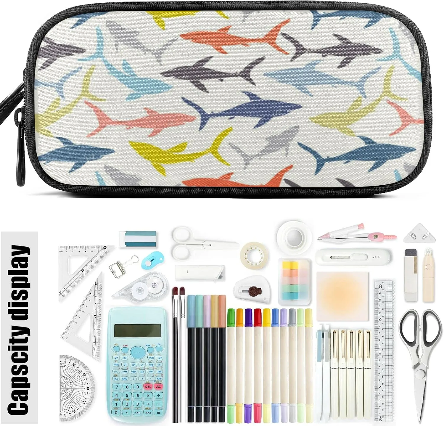Fustylead Shark Silhouette Nylon Pencil Bag Large Storage Pouch Pen Case Makeup Bag Simple Stationery Bag School College Office Organizer for Teens Boys Girls Student
