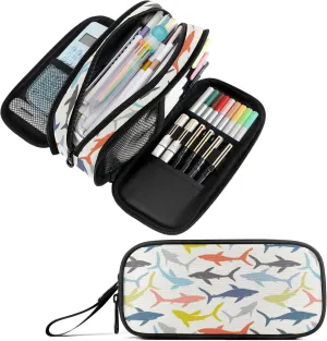 Fustylead Shark Silhouette Nylon Pencil Bag Large Storage Pouch Pen Case Makeup Bag Simple Stationery Bag School College Office Organizer for Teens Boys Girls Student