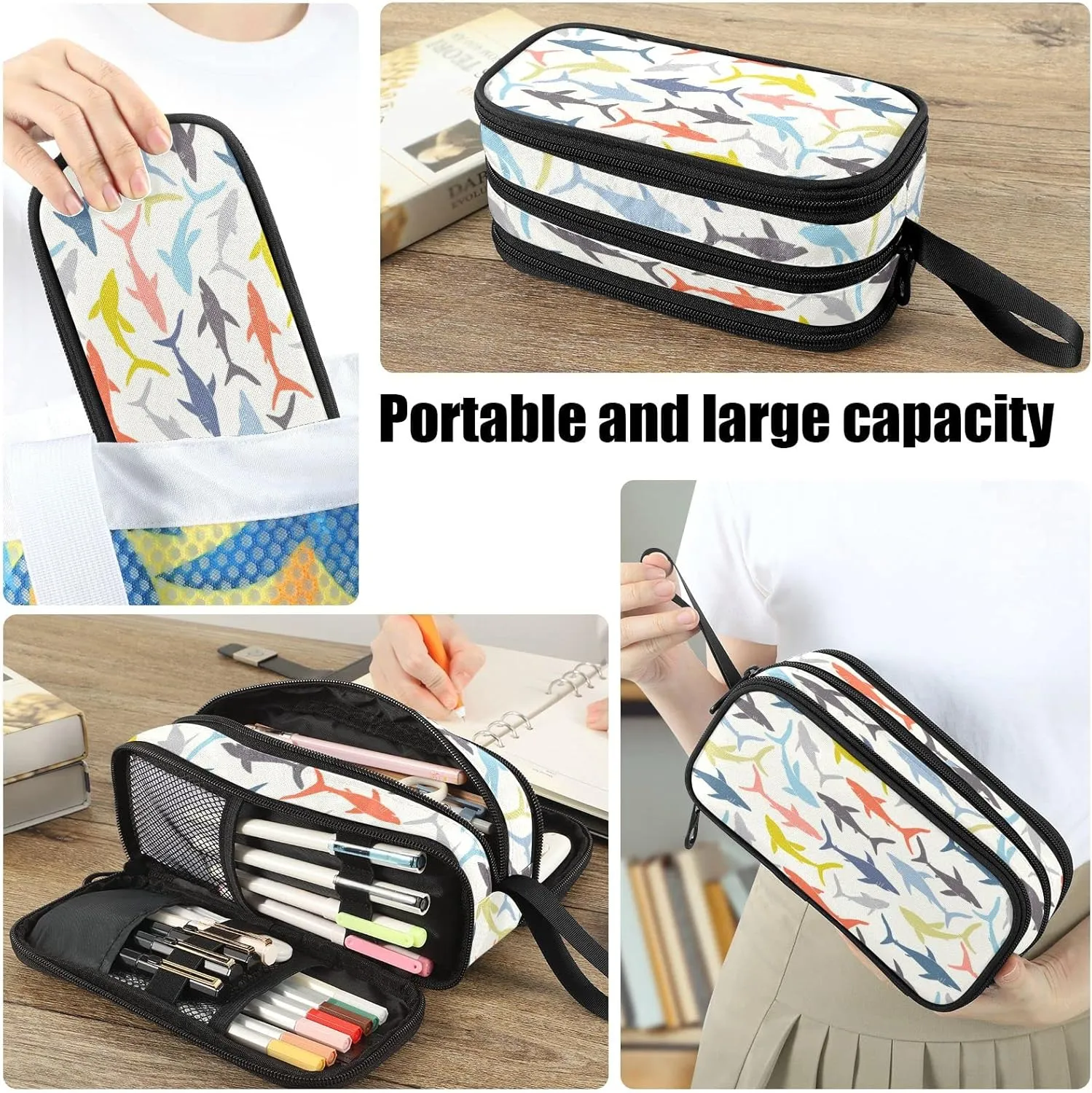 Fustylead Shark Silhouette Nylon Pencil Bag Large Storage Pouch Pen Case Makeup Bag Simple Stationery Bag School College Office Organizer for Teens Boys Girls Student
