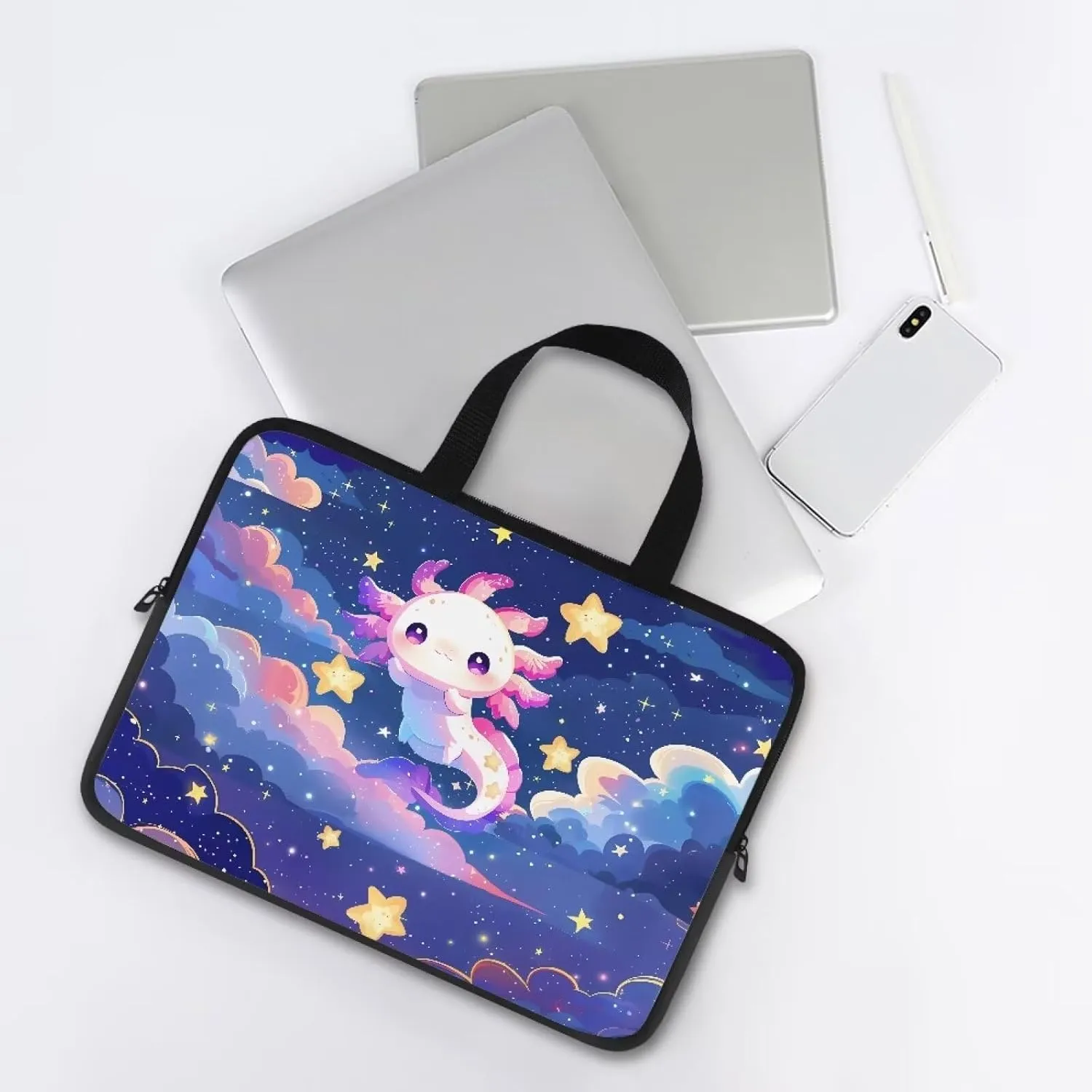 Galaxy Axolotl Laptop Case Star Slim Portable Monitor Protective Cover with Top Handle, Traveling Computer Carrying Bag Laptop Sleeve, 12 Inch Laptop Handbag for Daily Office Use