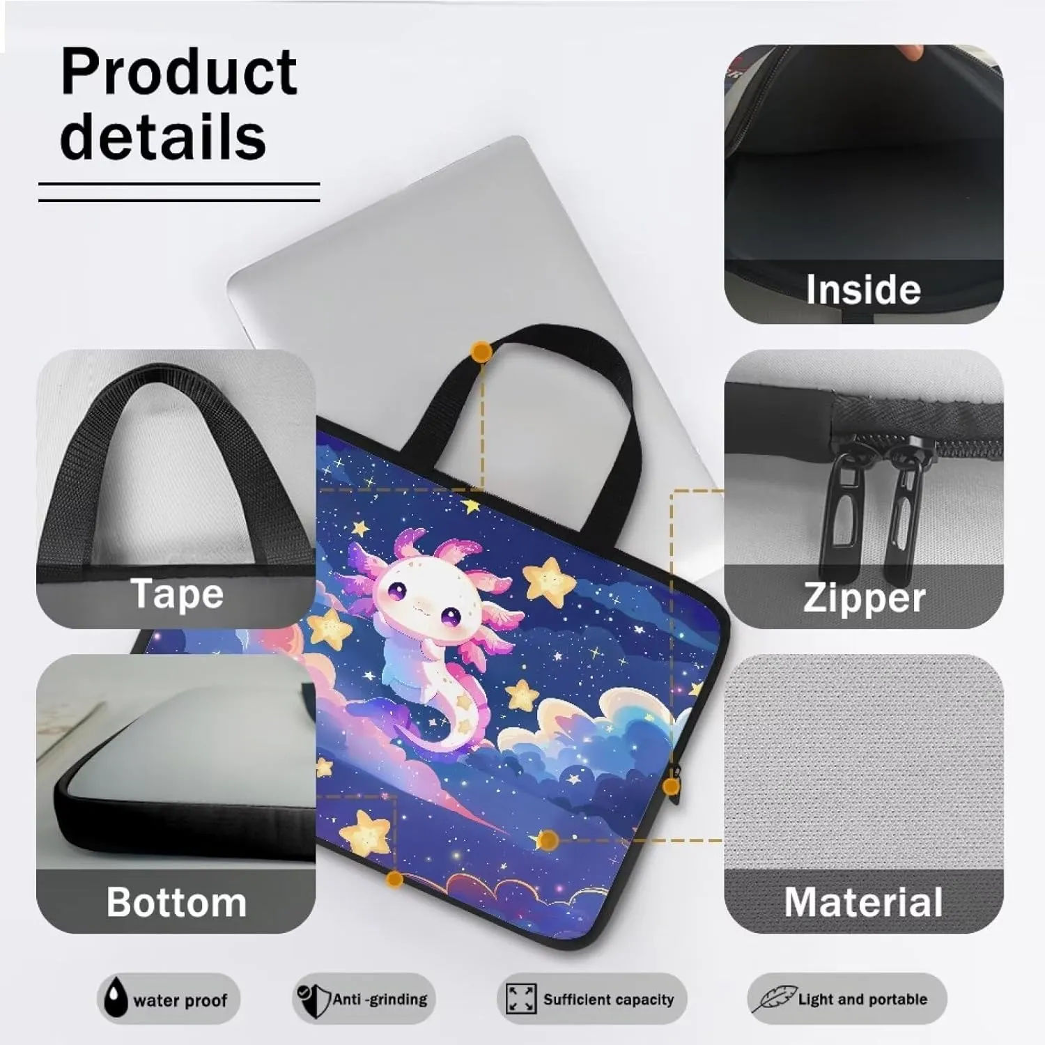 Galaxy Axolotl Laptop Case Star Slim Portable Monitor Protective Cover with Top Handle, Traveling Computer Carrying Bag Laptop Sleeve, 12 Inch Laptop Handbag for Daily Office Use