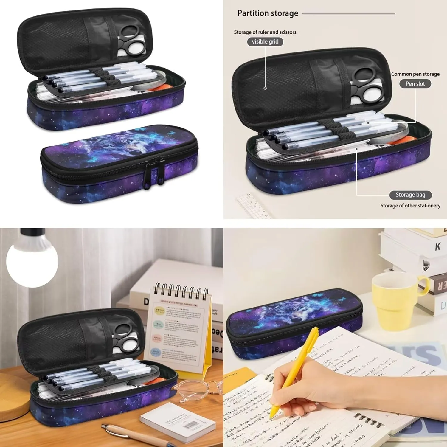 Galaxy Wolf Backpack for Kids Girls Boys School Bags Teen Bookbags Set School Backpack with Lunch Box and Pencil Case Anti-Wear Easy Clean