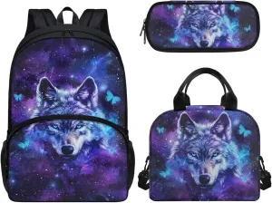Galaxy Wolf Backpack for Kids Girls Boys School Bags Teen Bookbags Set School Backpack with Lunch Box and Pencil Case Anti-Wear Easy Clean