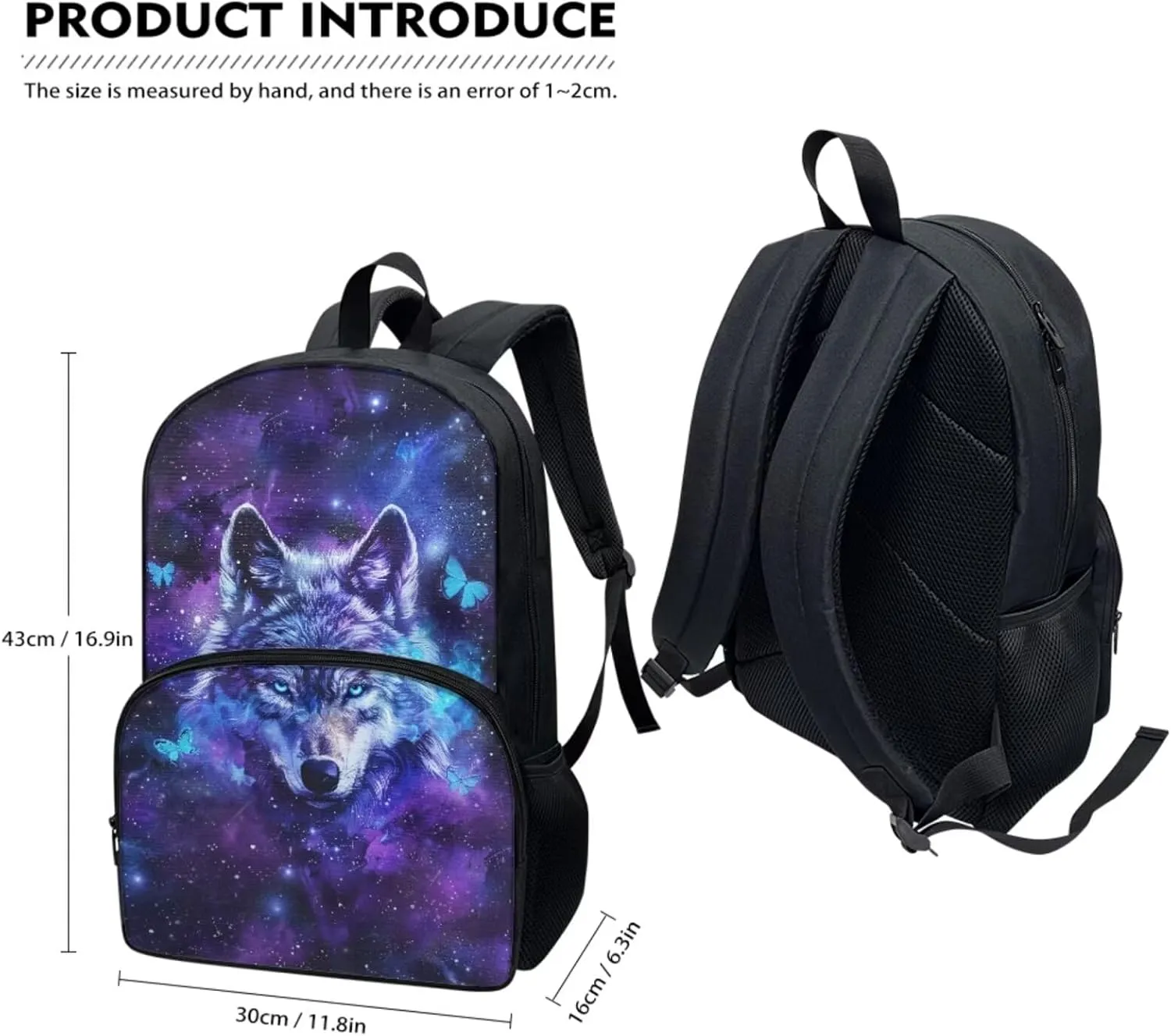 Galaxy Wolf Backpack for Kids Girls Boys School Bags Teen Bookbags Set School Backpack with Lunch Box and Pencil Case Anti-Wear Easy Clean