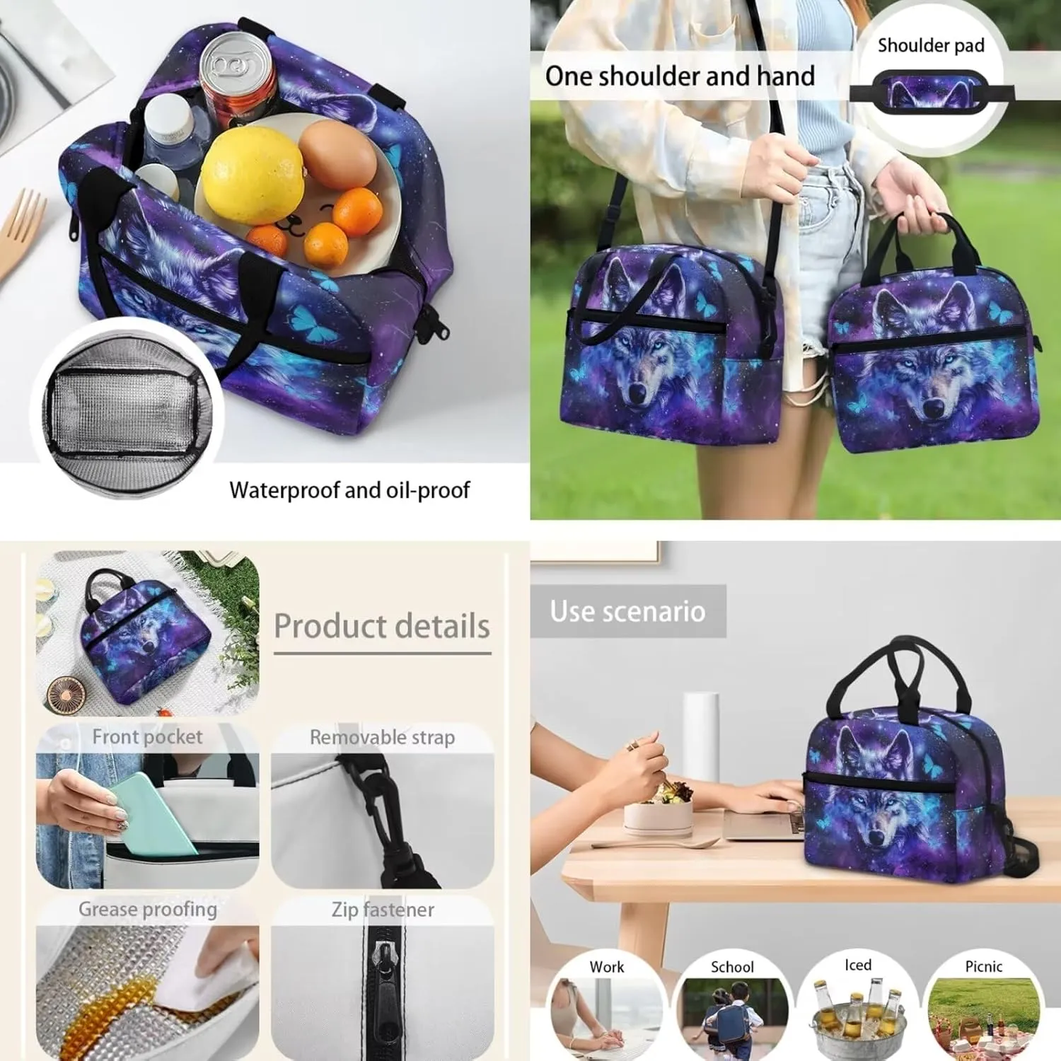 Galaxy Wolf Backpack for Kids Girls Boys School Bags Teen Bookbags Set School Backpack with Lunch Box and Pencil Case Anti-Wear Easy Clean