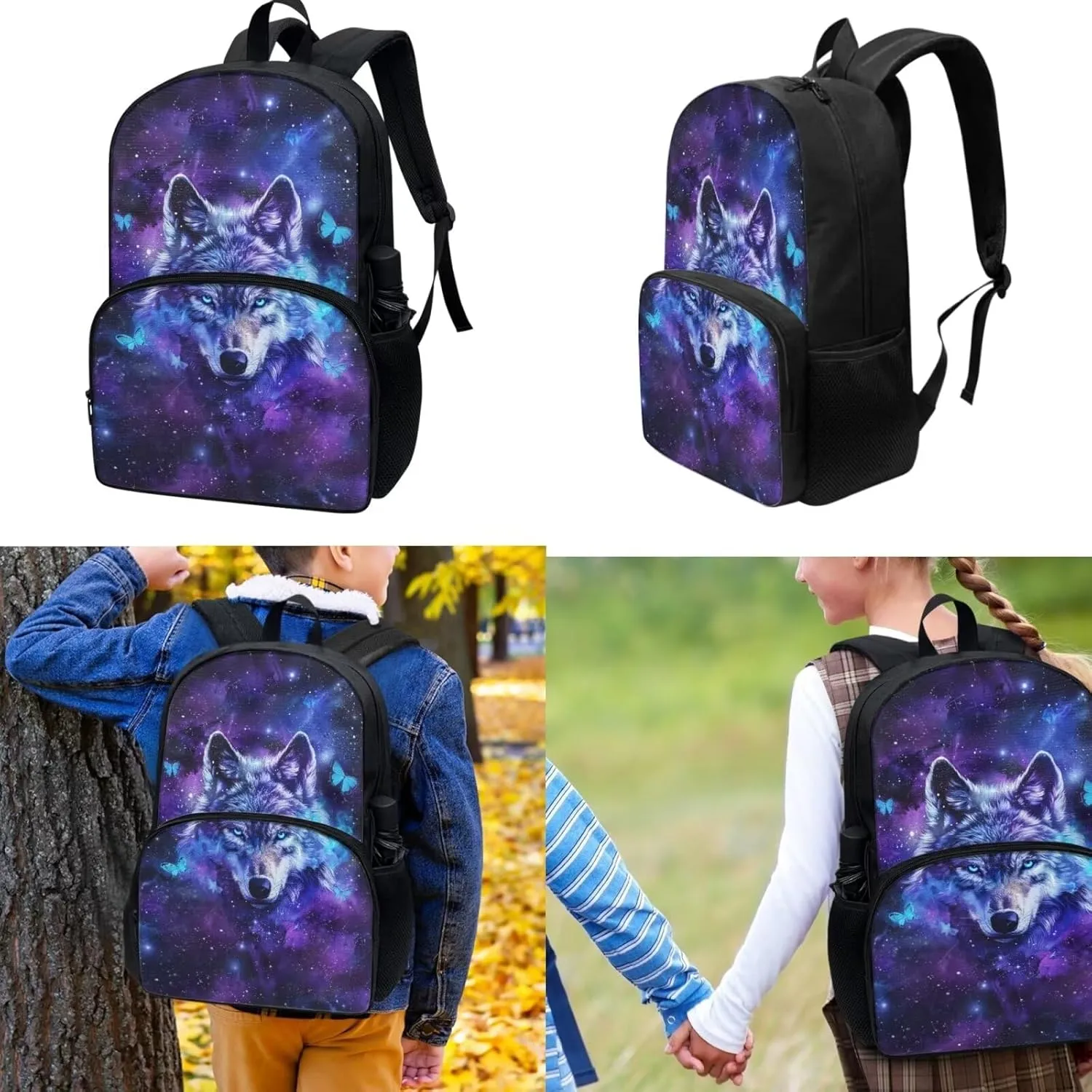 Galaxy Wolf Backpack for Kids Girls Boys School Bags Teen Bookbags Set School Backpack with Lunch Box and Pencil Case Anti-Wear Easy Clean