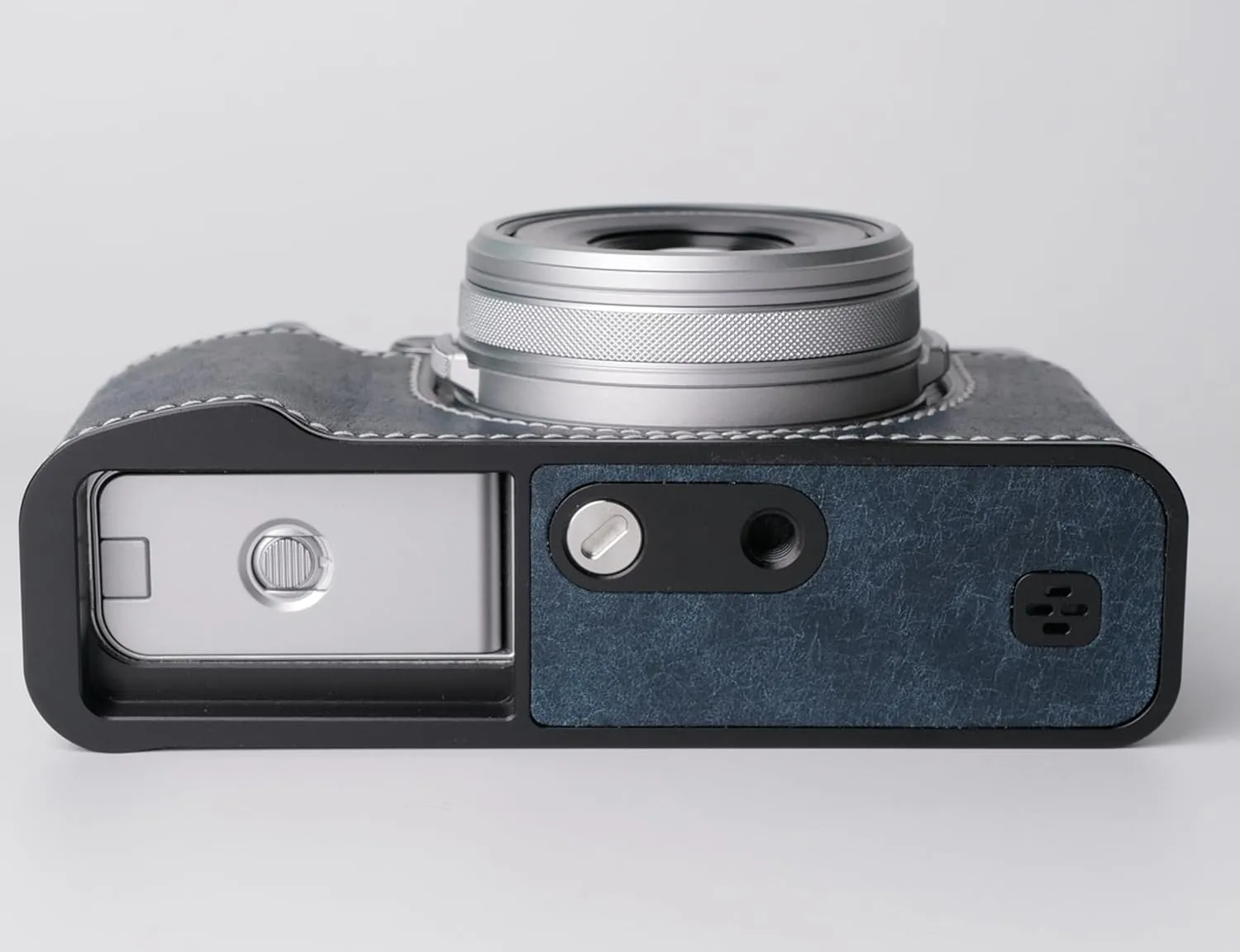 Genuine Leather Camera Half Case for Fujifilm X100VI - Top Layer Cowhide Body   Metal Base Plate - Hand Shank Free Design (Dark Blue)