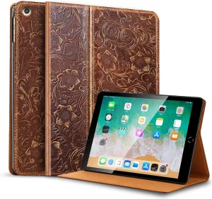Gexmil Genuine Leather Case for iPad 10.2 Inch Case,Cowhide Folio Cove for iPad 9/8/7 Generation(2021/2020/2019) Anti Fingerprint/Slip,r Auto Sleep/Wake with Adjustable Stand,Flower Brown