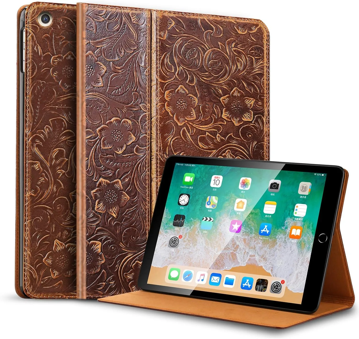 Gexmil Genuine Leather Case for iPad 10.2 Inch Case,Cowhide Folio Cove for iPad 9/8/7 Generation(2021/2020/2019) Anti Fingerprint/Slip,r Auto Sleep/Wake with Adjustable Stand,Flower Brown
