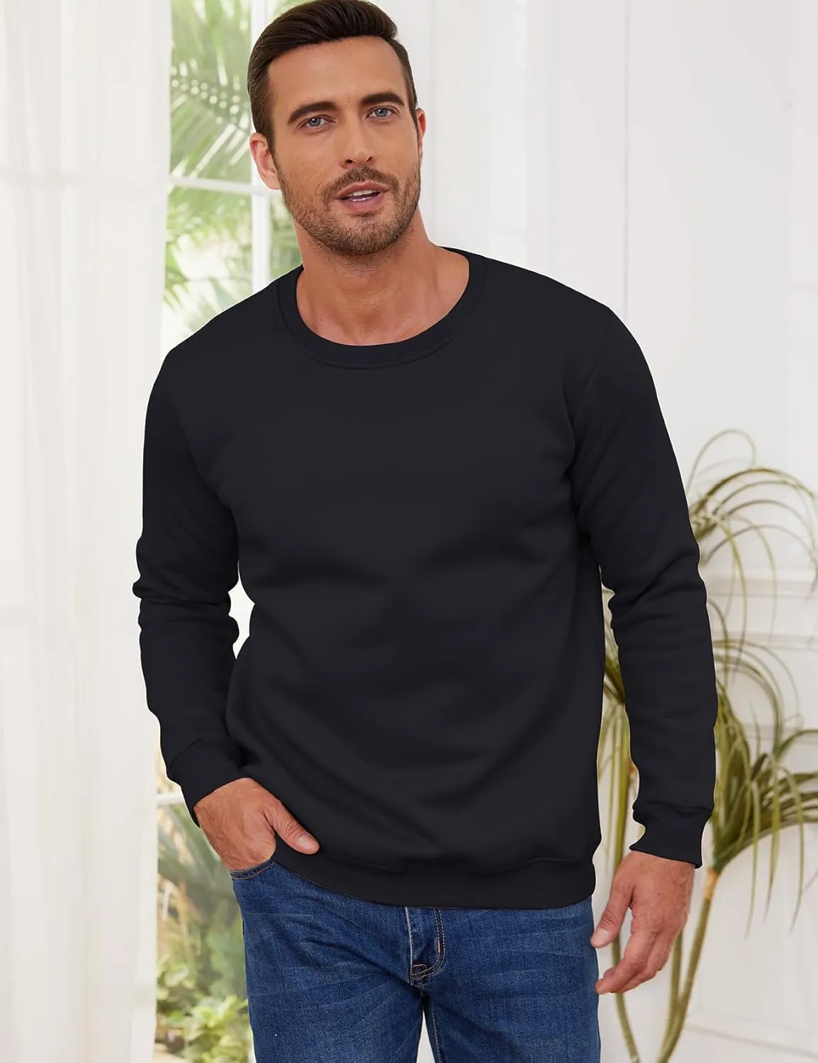 Gihuo Men's Crewneck Sweatshirt Winter Warm Sherpa Lined Pullover Fleece Top Sweatshirt