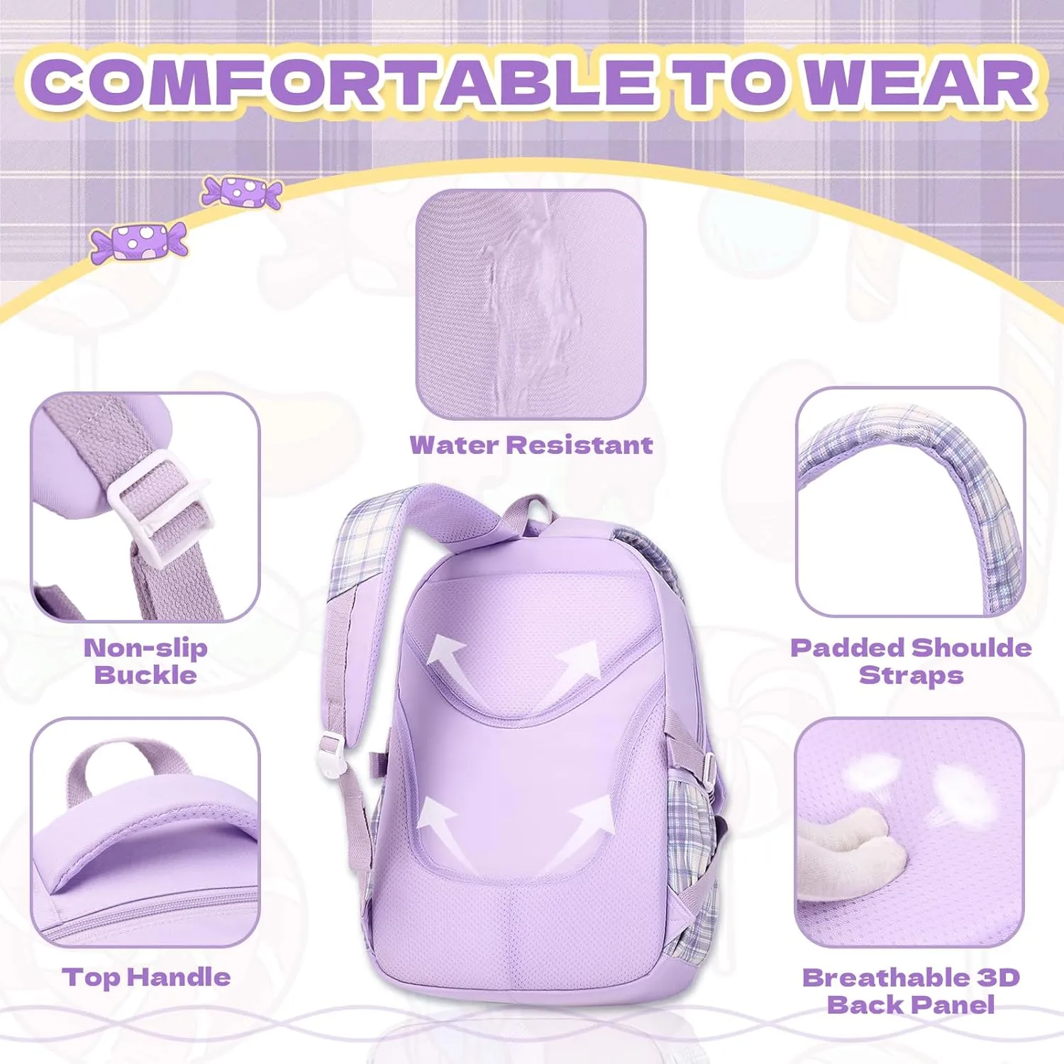 Girls Backpack, 2pcs Set School Backpack with Convertible Shoulder Tote Bag Water Resistant Book Bag for Primary Elementary School,Purple