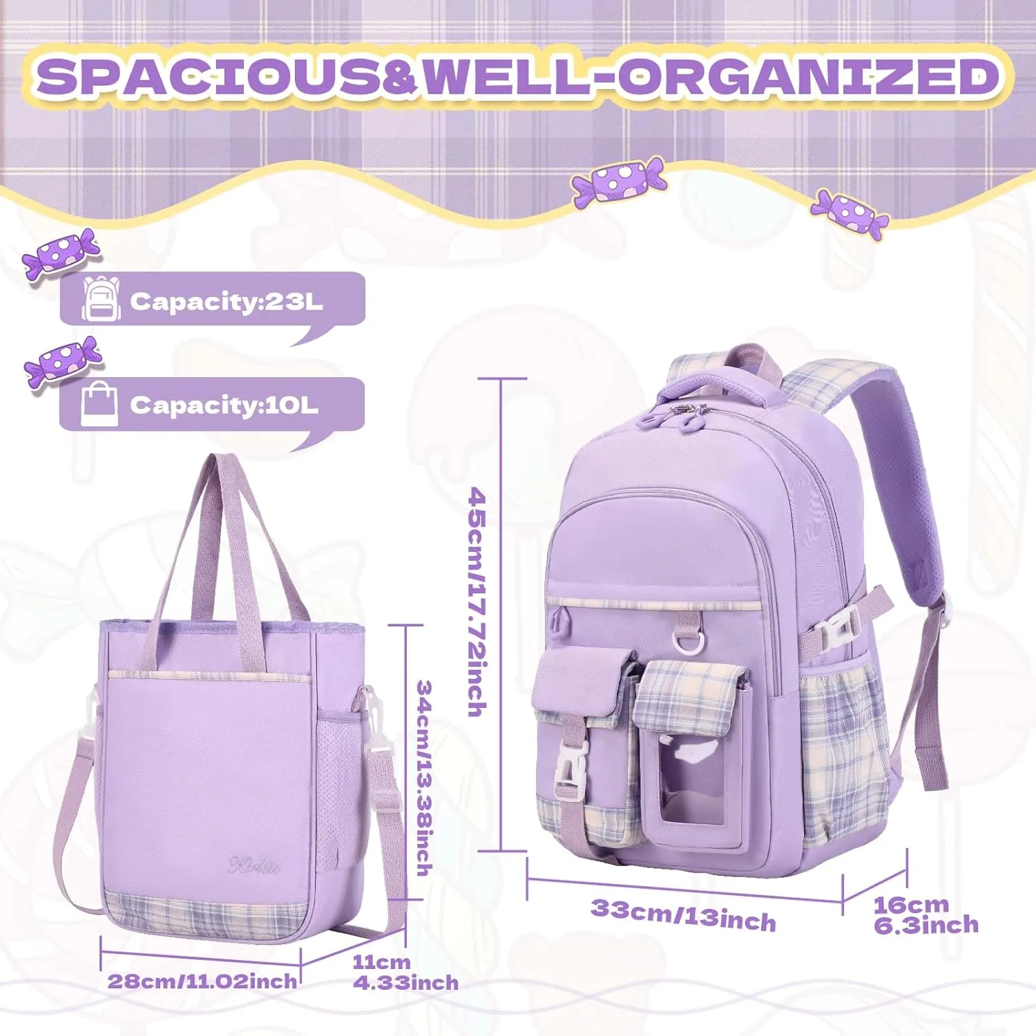 Girls Backpack, 2pcs Set School Backpack with Convertible Shoulder Tote Bag Water Resistant Book Bag for Primary Elementary School,Purple