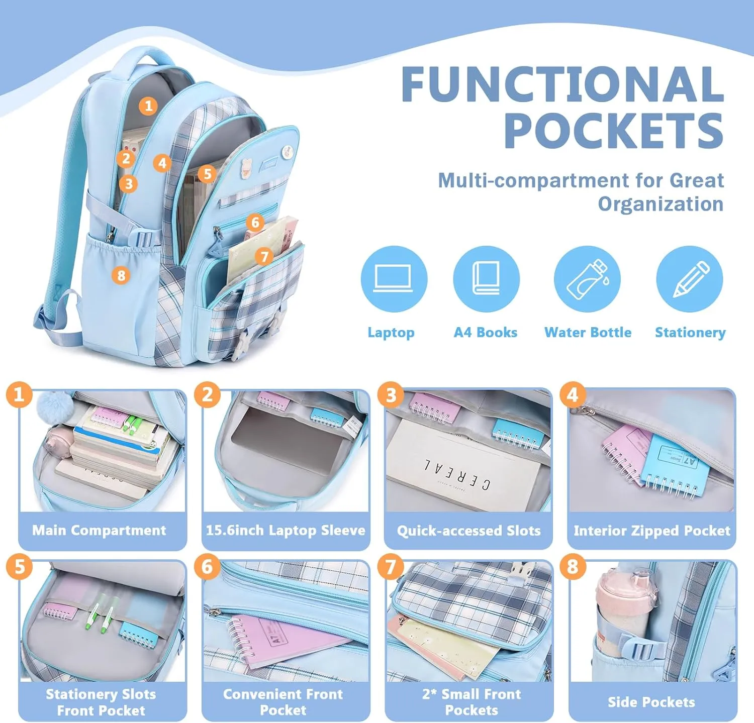 Girls Backpack, Kawaii Bookbag for Teen Multiple Pockets Kids School Backpack for Primary Elementary Middle School,Age 6-14, Blue