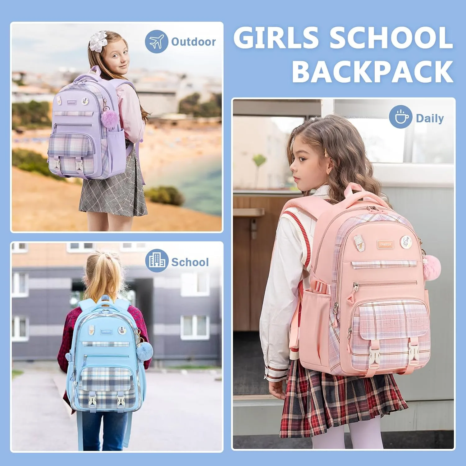 Girls Backpack, Kawaii Bookbag for Teen Multiple Pockets Kids School Backpack for Primary Elementary Middle School,Age 6-14, Blue