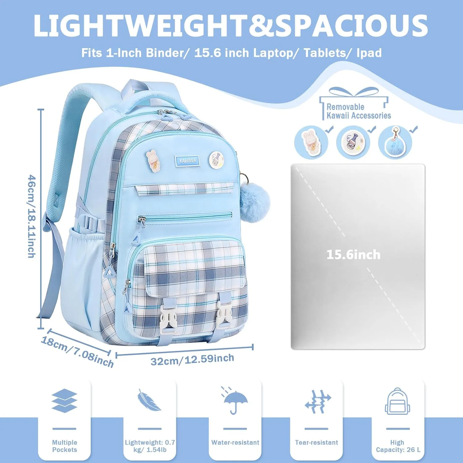 Girls Backpack, Kawaii Bookbag for Teen Multiple Pockets Kids School Backpack for Primary Elementary Middle School,Age 6-14, Blue