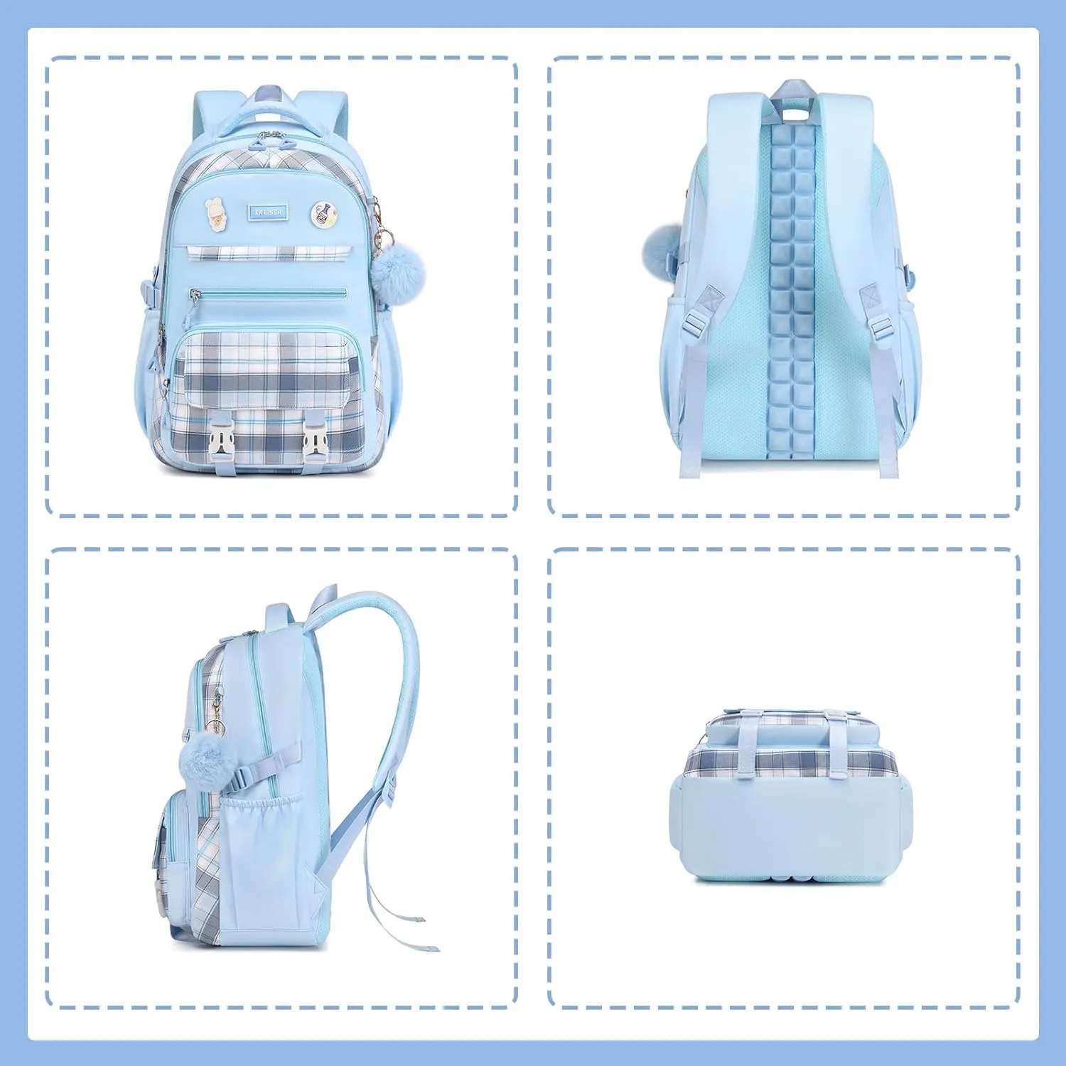 Girls Backpack, Kawaii Bookbag for Teen Multiple Pockets Kids School Backpack for Primary Elementary Middle School,Age 6-14, Blue