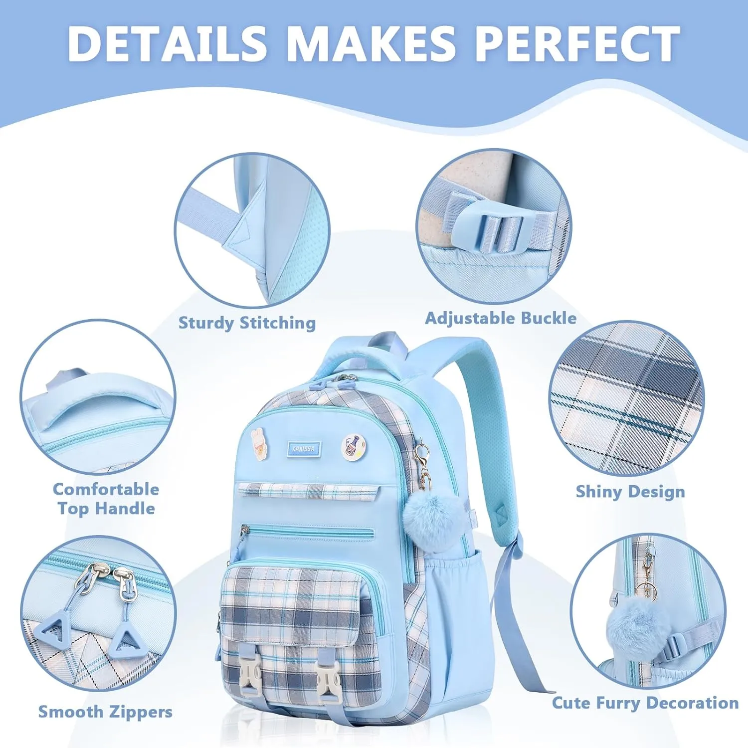 Girls Backpack, Kawaii Bookbag for Teen Multiple Pockets Kids School Backpack for Primary Elementary Middle School,Age 6-14, Blue