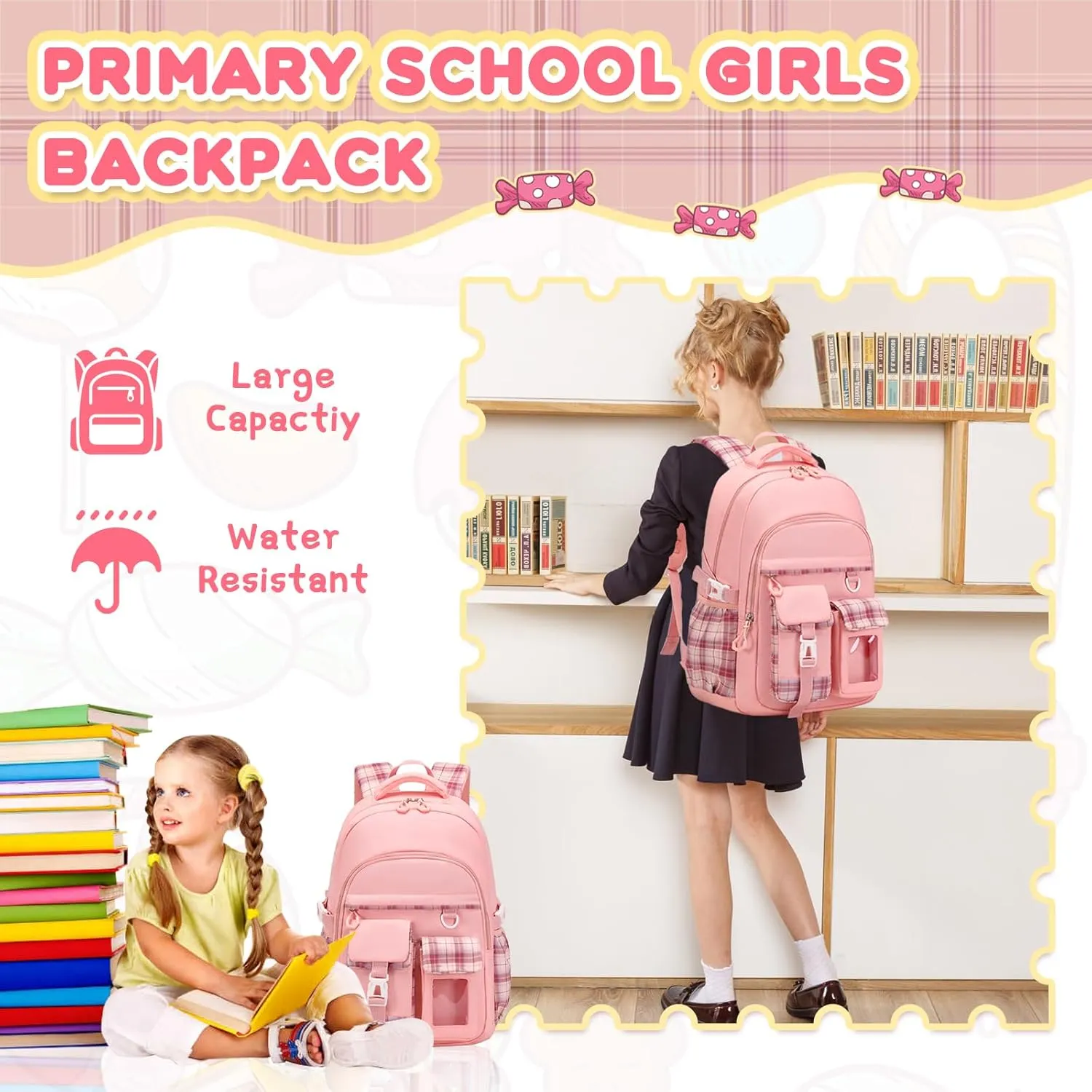 Girls Backpack, Lightweight Kids Backpack Functional Pockets Kawaii Teen School Backpack Watrer Resistant Bookbag for Primary Elementary School,Age 6-14 years,Pink