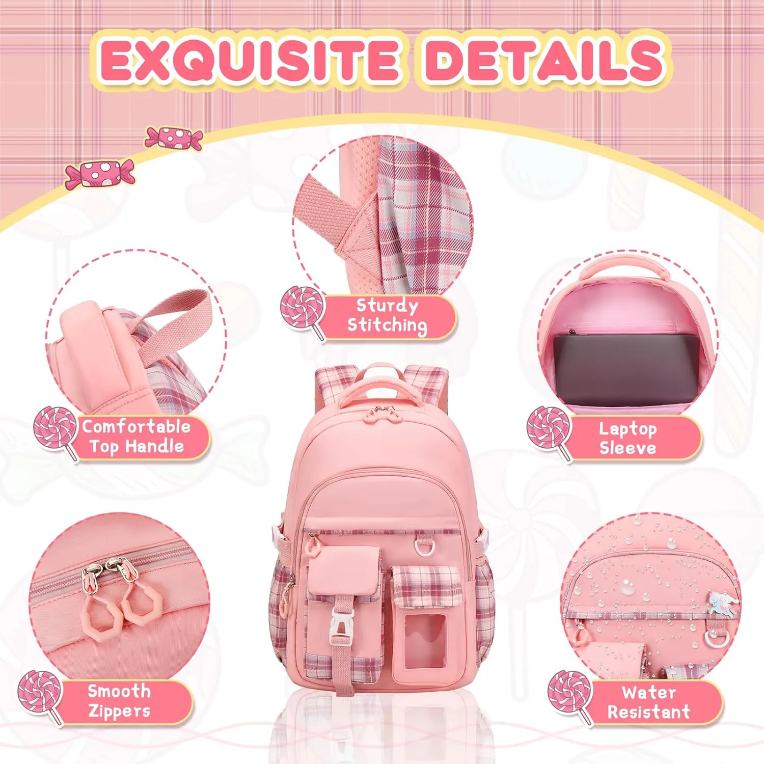 Girls Backpack, Lightweight Kids Backpack Functional Pockets Kawaii Teen School Backpack Watrer Resistant Bookbag for Primary Elementary School,Age 6-14 years,Pink