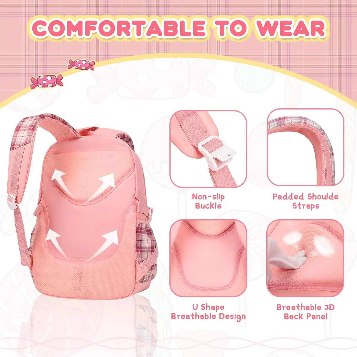Girls Backpack, Lightweight Kids Backpack Functional Pockets Kawaii Teen School Backpack Watrer Resistant Bookbag for Primary Elementary School,Age 6-14 years,Pink