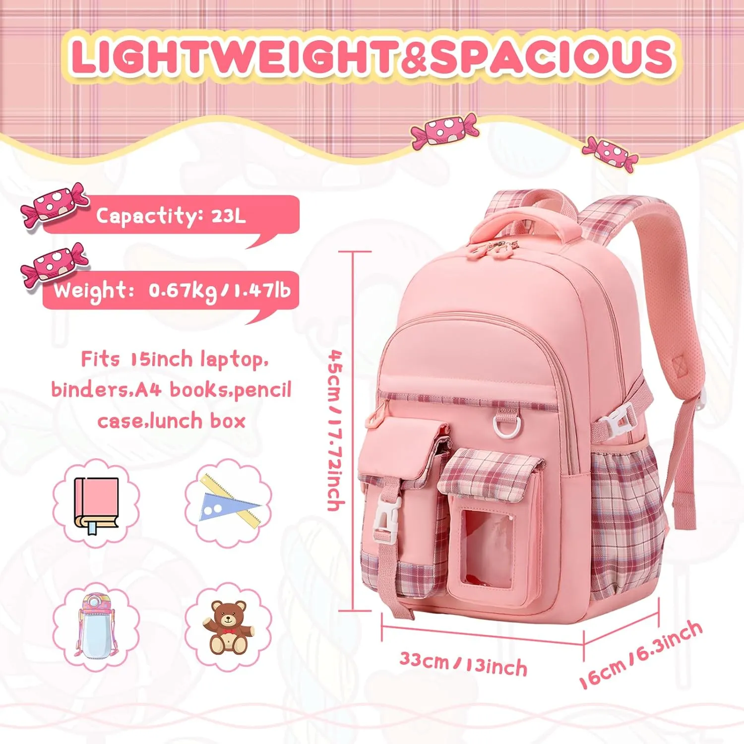 Girls Backpack, Lightweight Kids Backpack Functional Pockets Kawaii Teen School Backpack Watrer Resistant Bookbag for Primary Elementary School,Age 6-14 years,Pink