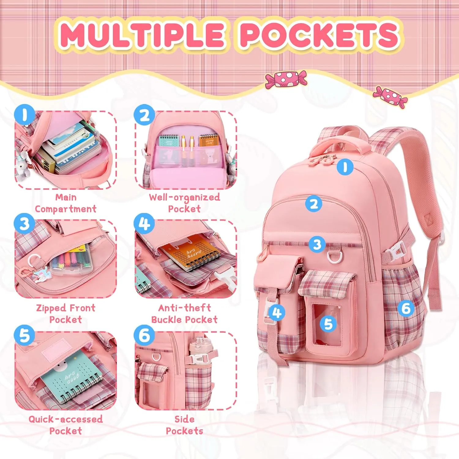 Girls Backpack, Lightweight Kids Backpack Functional Pockets Kawaii Teen School Backpack Watrer Resistant Bookbag for Primary Elementary School,Age 6-14 years,Pink