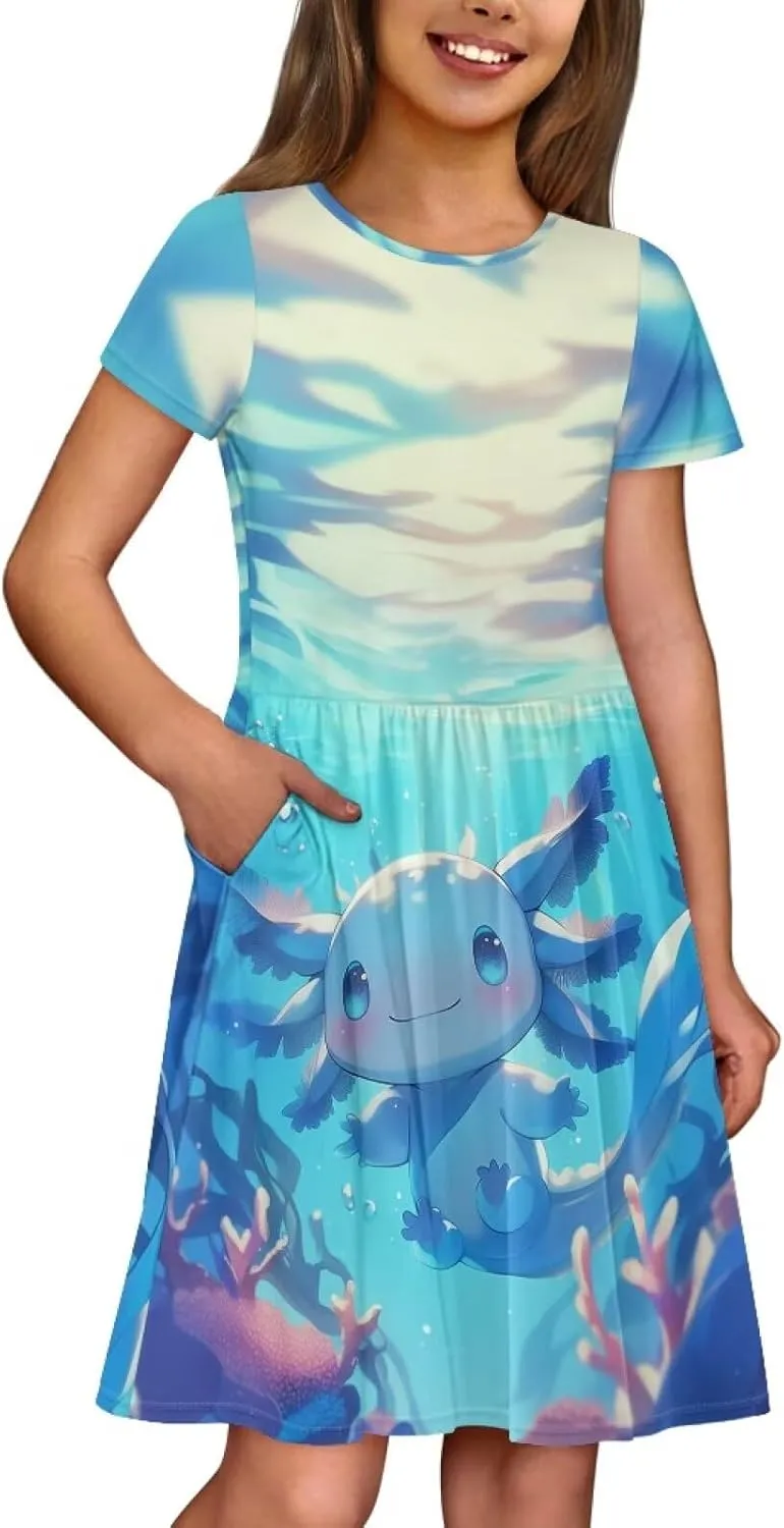 Girls Dresses Size 2-14 Kids Summer Short Sleeve Skater Dress Beach Midi Party Dresses