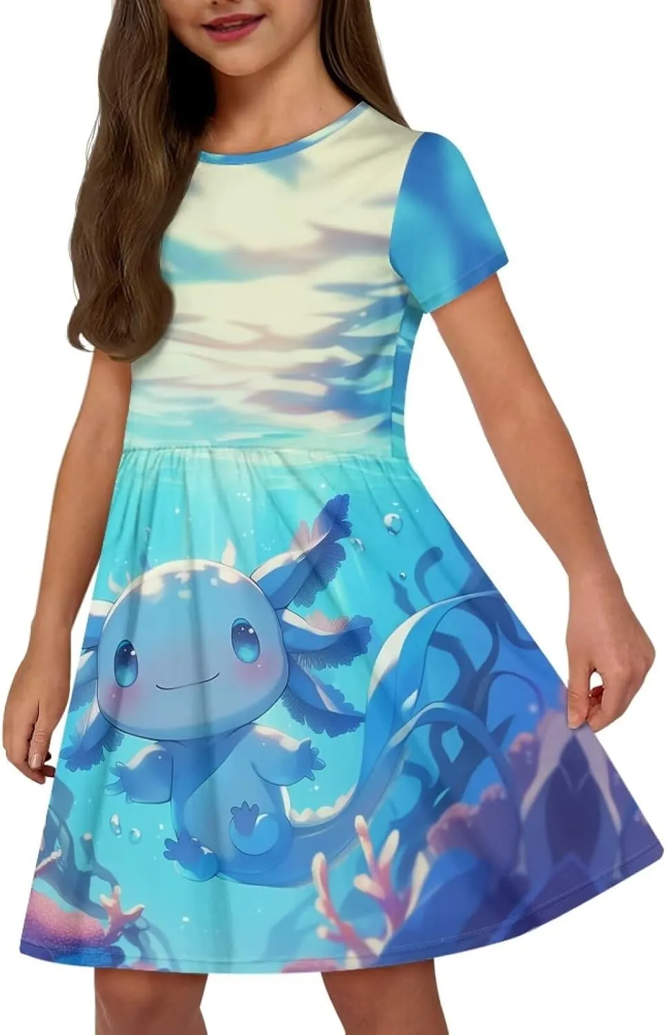 Girls Dresses Size 2-14 Kids Summer Short Sleeve Skater Dress Beach Midi Party Dresses