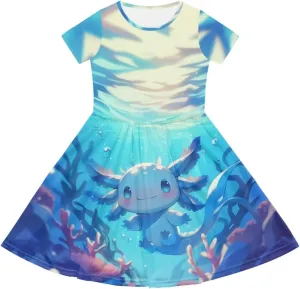 Girls Dresses Size 2-14 Kids Summer Short Sleeve Skater Dress Beach Midi Party Dresses