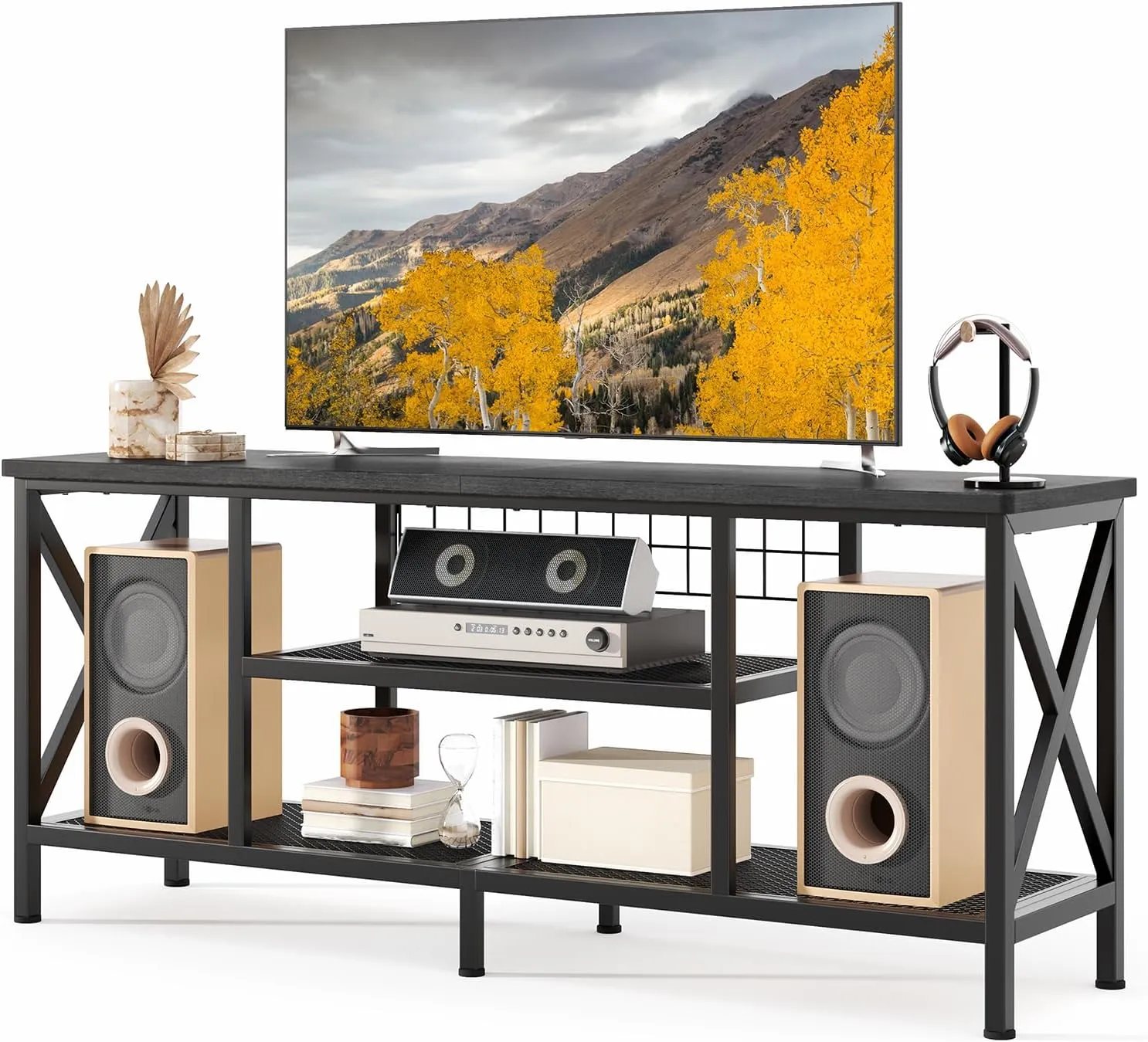 Gizoon TV Stand for 65 Inches TV, 59.8'' Entertainment Center with Metal Frame, TV Media Console Table with Open Storage Shelves, for Living Room, Bedroom, Black