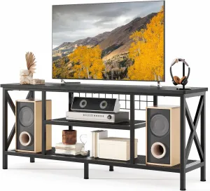Gizoon TV Stand for 65 Inches TV, 59.8'' Entertainment Center with Metal Frame, TV Media Console Table with Open Storage Shelves, for Living Room, Bedroom, Black